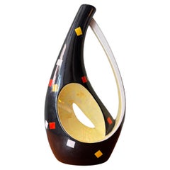 Aleluia Portuguese Midcentury Black Ceramic Biomorphic Vase Yellow-Grey Interior