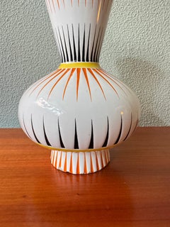 Aleluia Portuguese Midcentury Geometric Ceramic Vase Orange Black Linear Pattern