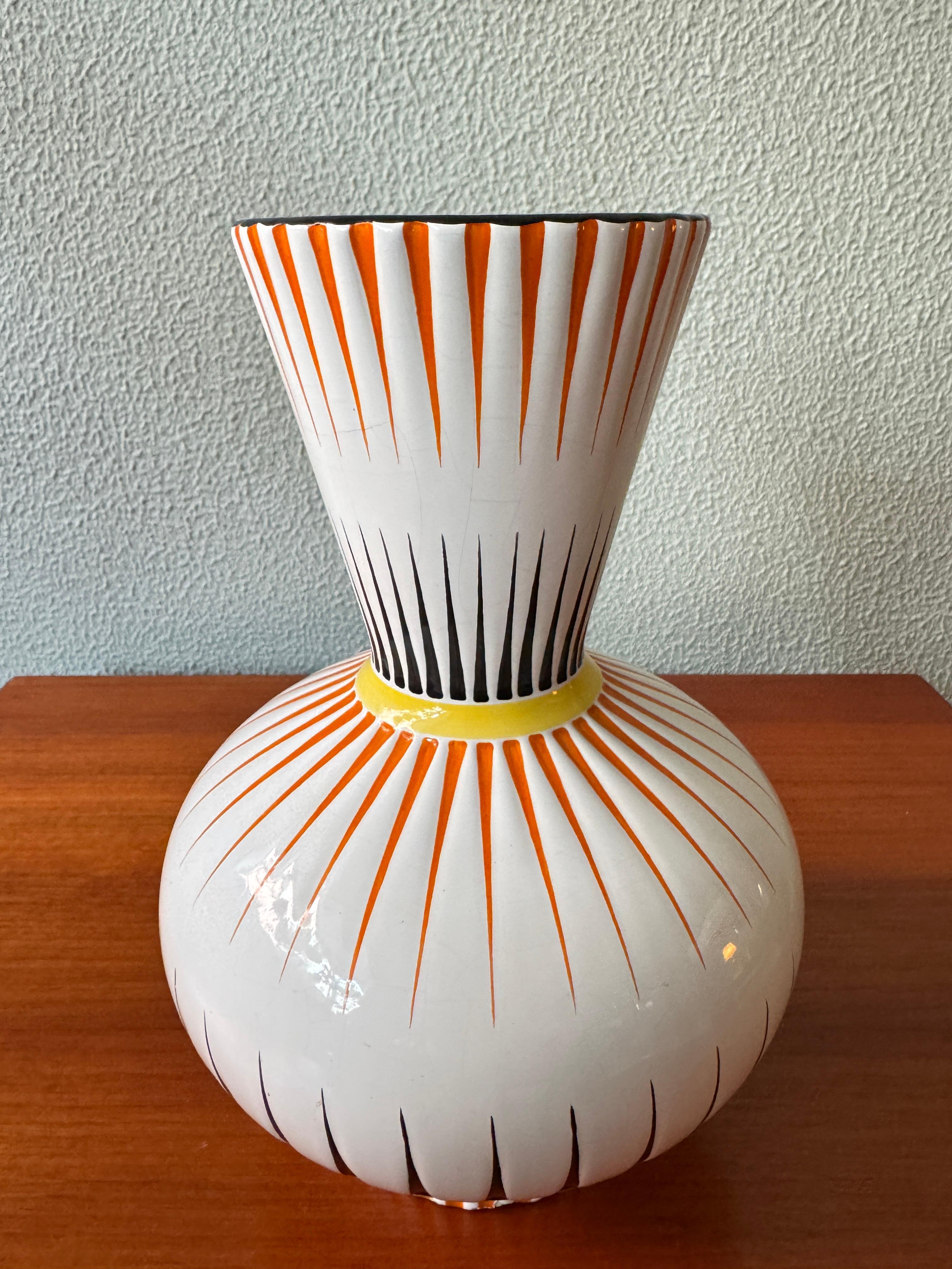 Ceramica Aleluia Portuguese Midcentury Geometric Ceramic Vase Orange Black Linear Pattern in vendita