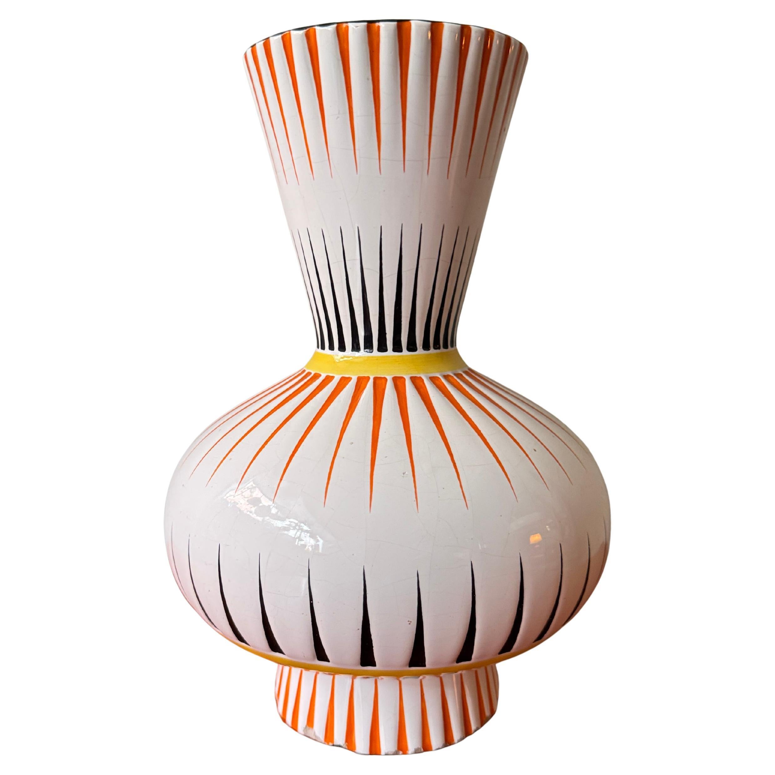 Aleluia Portuguese Midcentury Geometric Ceramic Vase Orange Black Linear Pattern