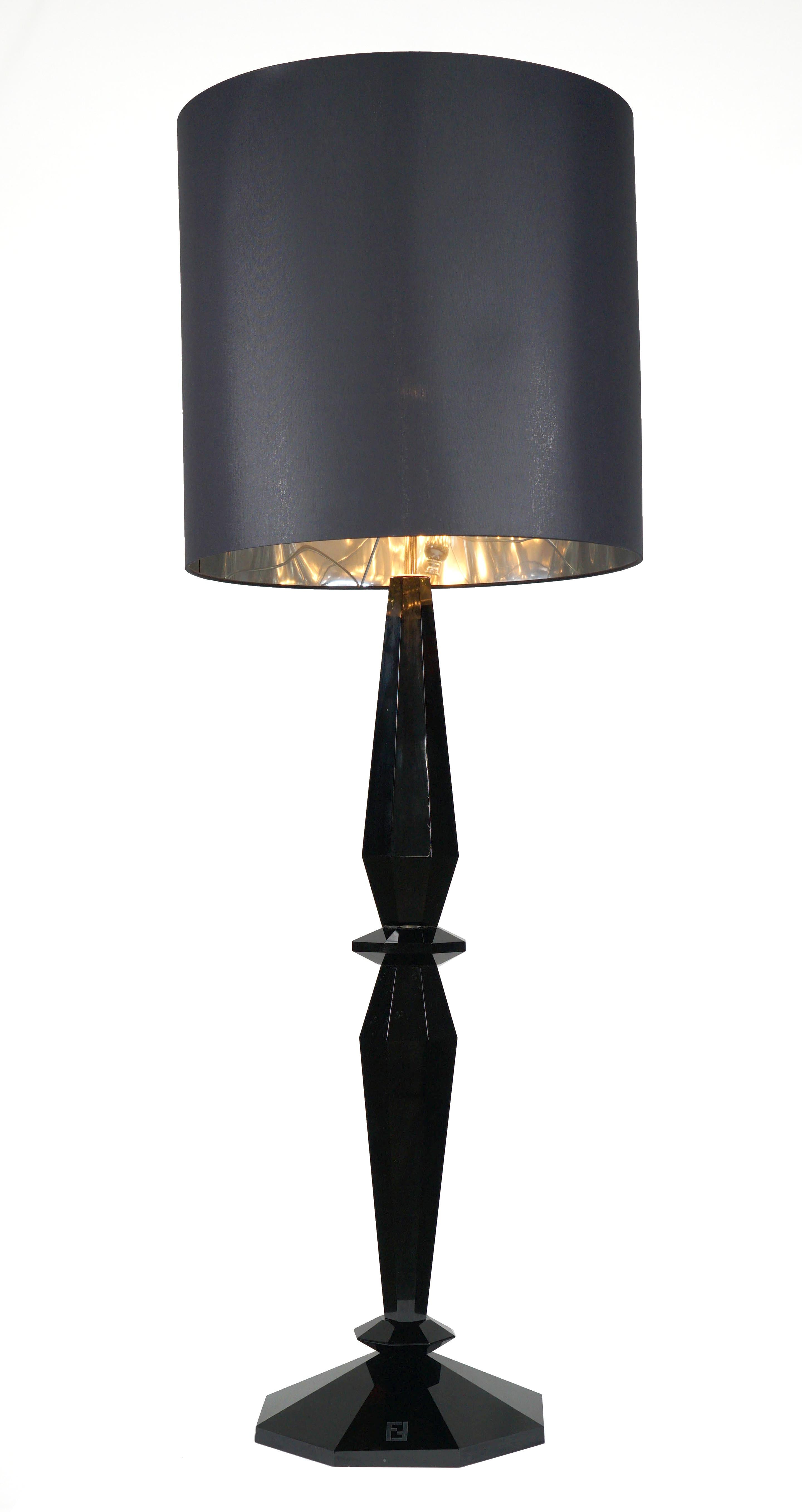Hand blown Murano glass base in black tone with black silk covered paper lampshade. The brightness and color are due to an artistic approach which is part of the historical and cultural heritage of Venice and Italy. Therefore, any small