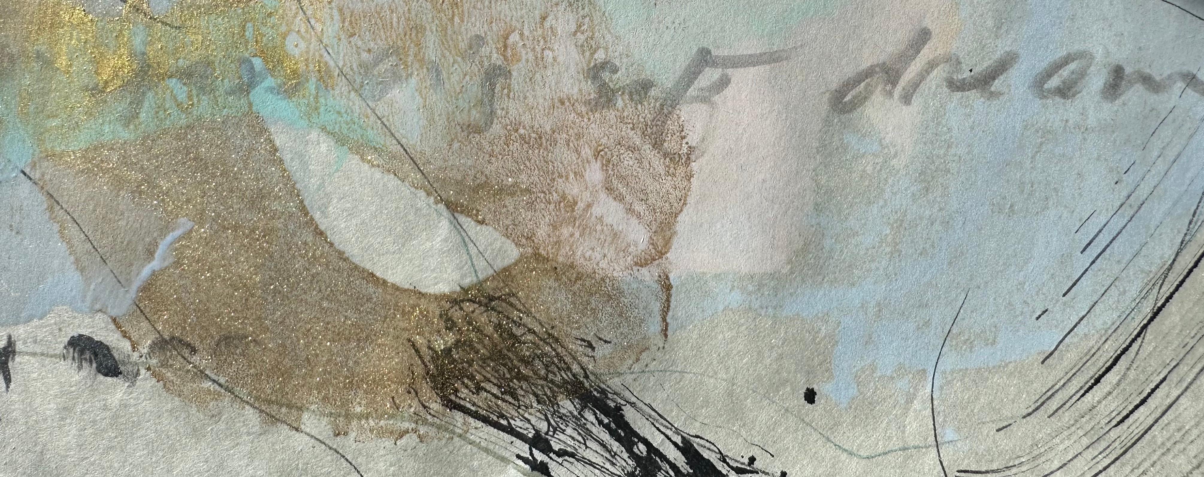 In Passion's Soft Dream kollidieren Farbe, Linie, Form und Textur mit handgeschriebenen romantischen Prosafragmenten auf Kozuke-Elfenbeinpapier. Diese einmalige, unmontierte Enkaustik-Monotypie beleuchtet eine poetische Innenlandschaft. Die