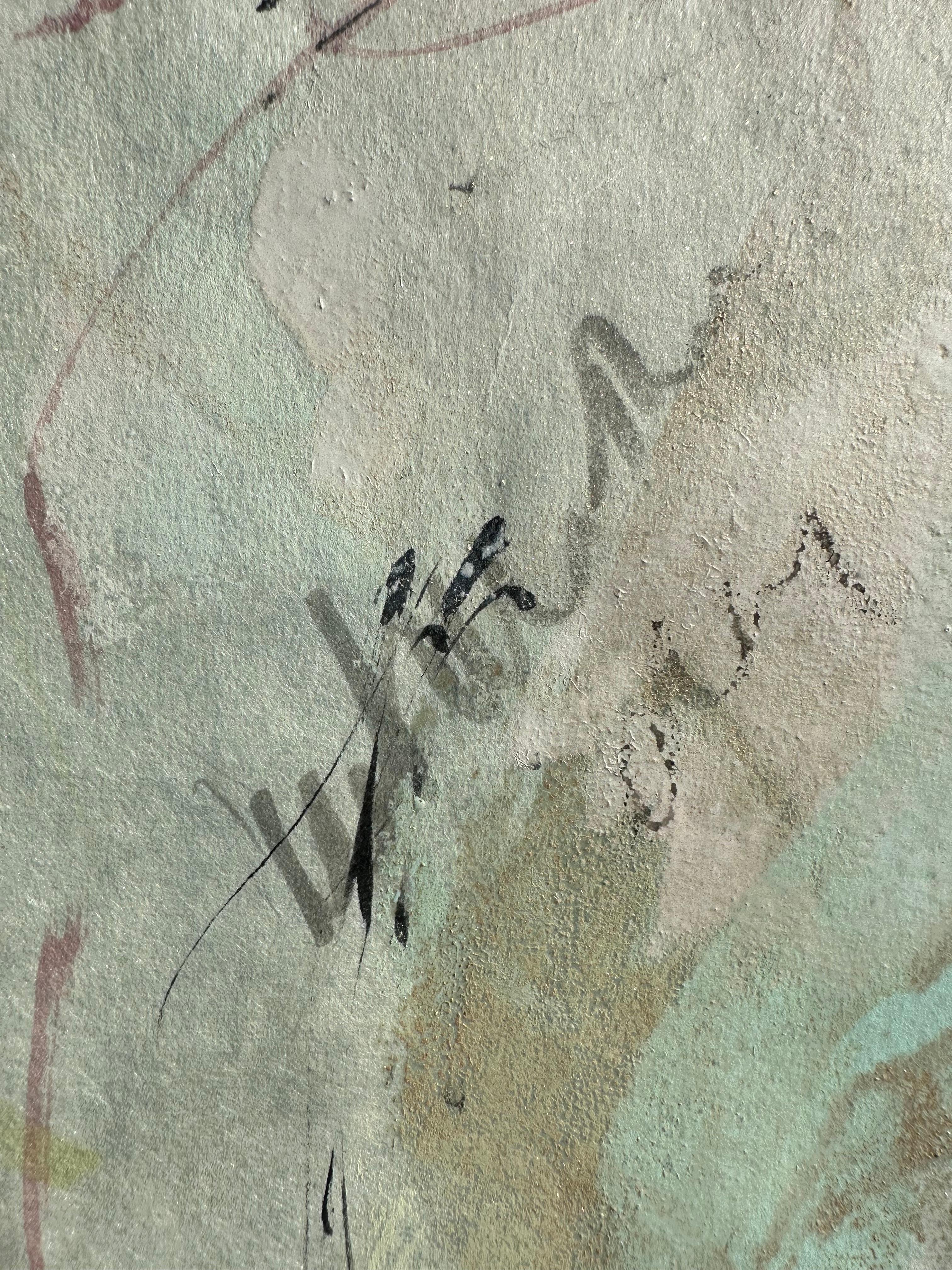 In But Now A Dreamlike Memory color, line, shape, and texture collide with handwritten romantic fragments of prose on Kozuke ivory paper. This one-of-a-kind, unmounted encaustic monotype illuminates a poetic interior landscape. The softness of the