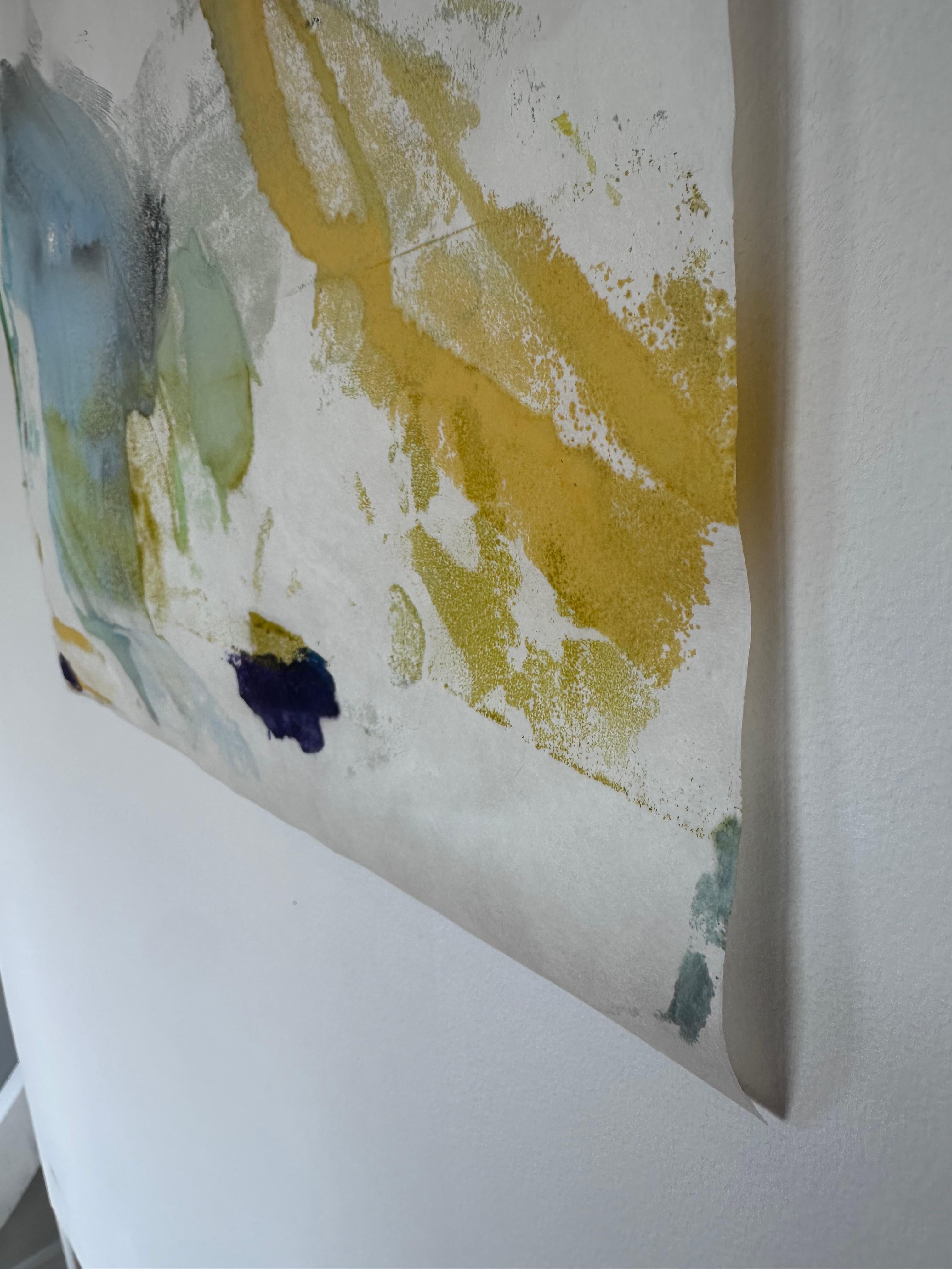 In Dreams Drift Deep color, line, shape, and texture collide on Kozuke ivory paper. This one-of-a-kind, unmounted encaustic monotype illuminates a poetic interior landscape. The softness of the washi paper juxtaposed with the lush, textured