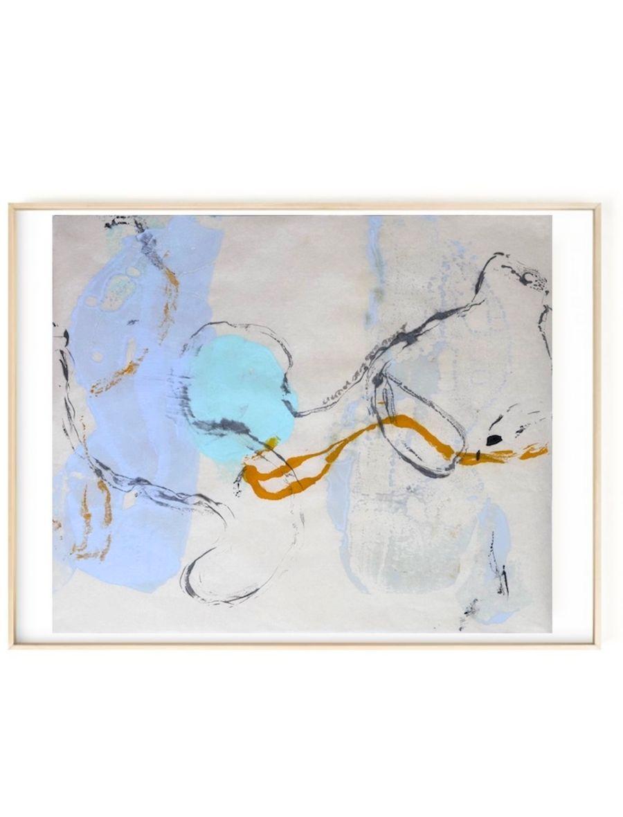 Dans Eternal Streams Meet, la couleur, la ligne, la forme et la texture entrent en collision avec des fragments de prose romantiques écrits à la main sur du papier ivoire Kozuke. Ce monotype encaustique non monté, unique en son genre, éclaire un