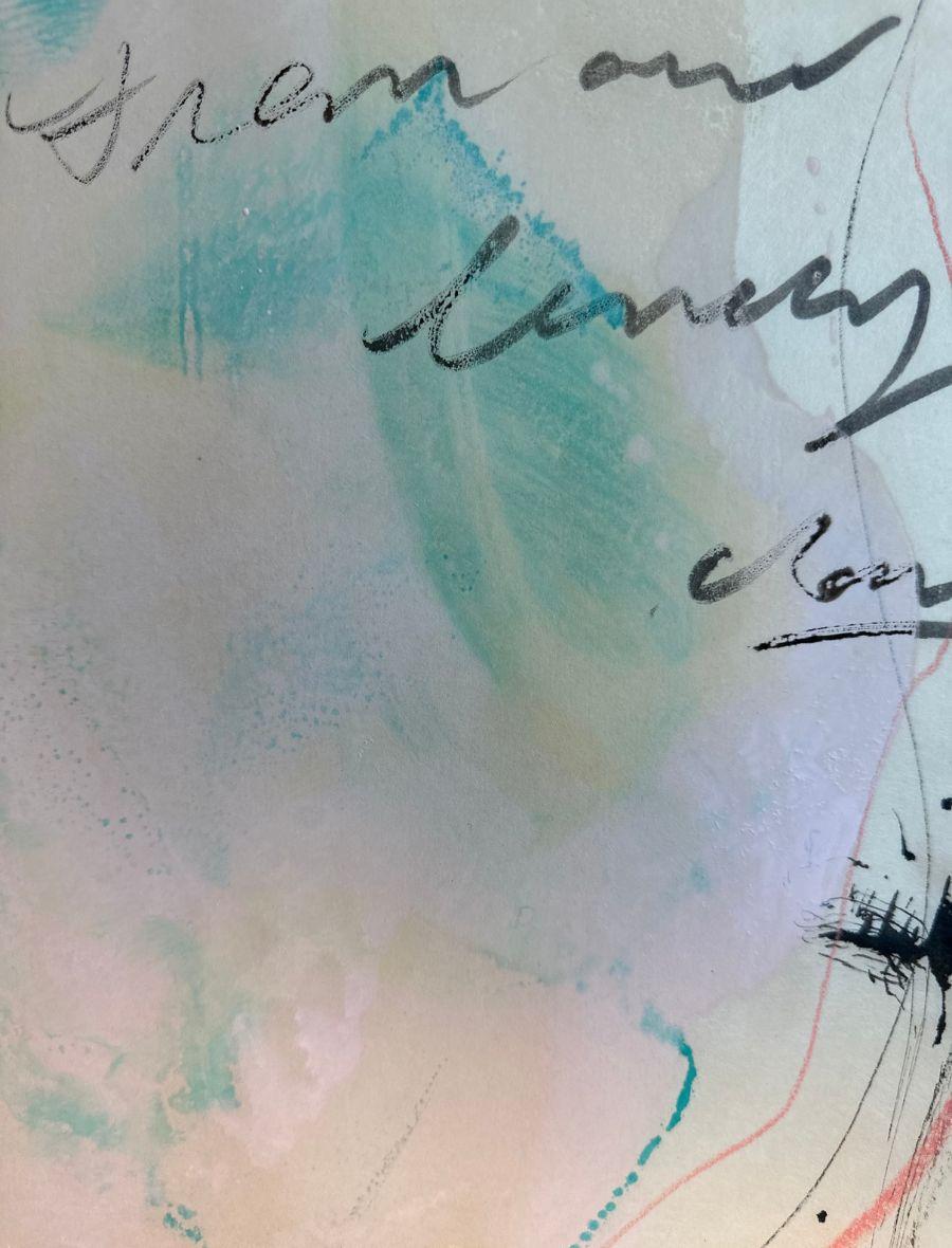 In From One Lonely Cloud color, line, shape, and texture collide with handwritten romantic fragments of prose on Kozuke ivory paper. This one-of-a-kind, unmounted encaustic monotype illuminates a poetic interior landscape. The softness of the washi