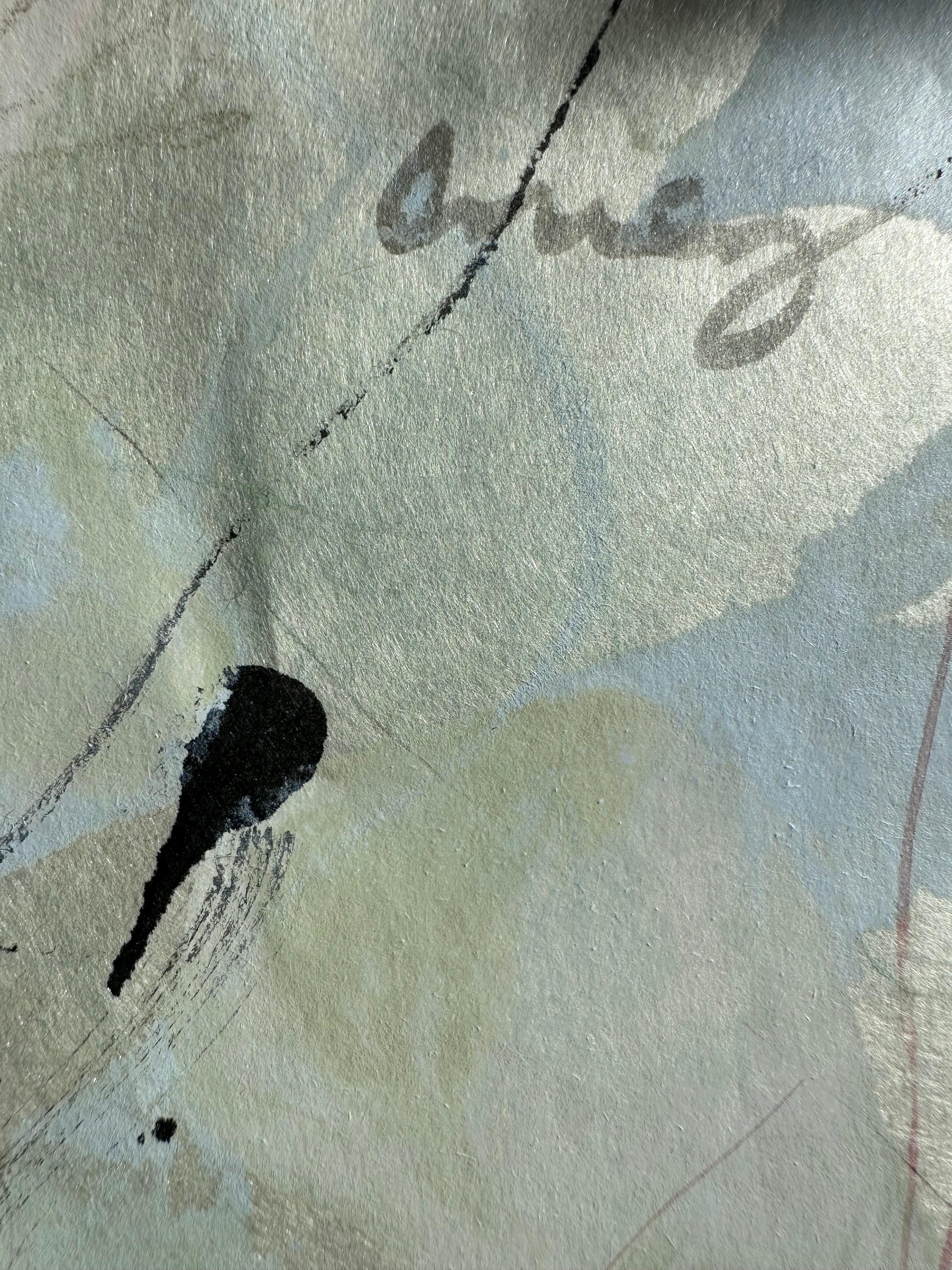 In Last Noon Beheld Them color, line, shape, and texture collide with handwritten romantic fragments of prose on Kozuke ivory paper. This one-of-a-kind, unmounted encaustic monotype illuminates a poetic interior landscape. The softness of the rice