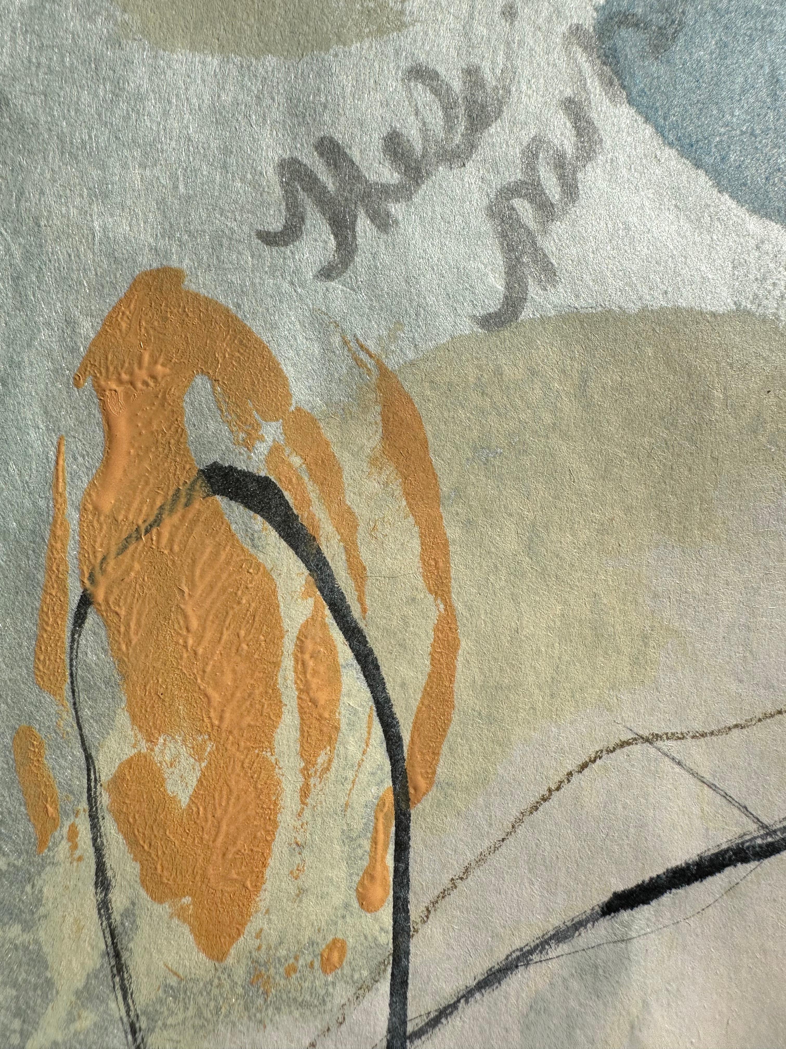 In These Paths So Dear To Me color, line, shape, and texture collide with handwritten romantic fragments of prose on Kozuke ivory paper. This one-of-a-kind, unmounted encaustic monotype illuminates a poetic interior landscape. The softness of the