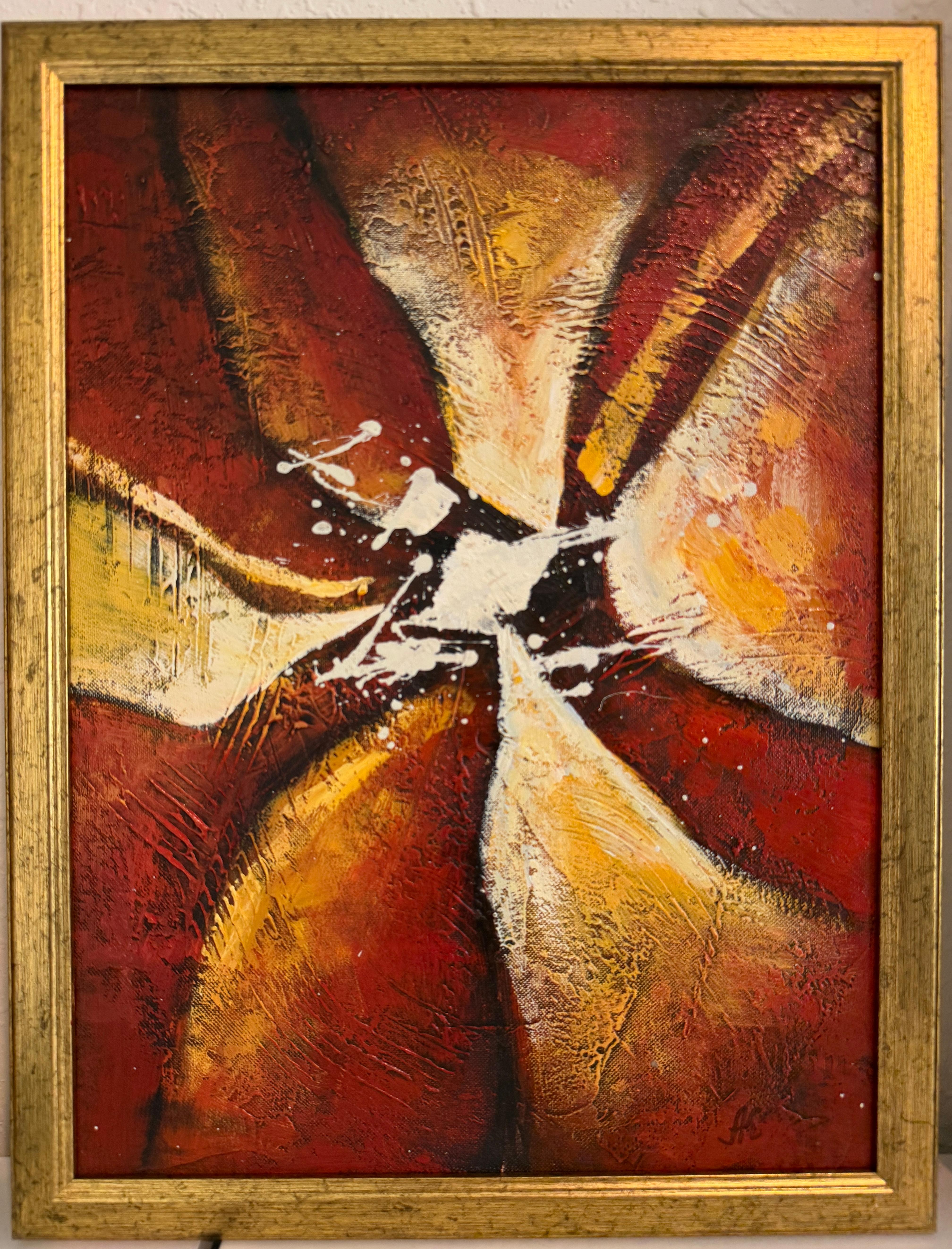 “Radiant Core” is an original abstract composition by contemporary American artist Alena Kalen, executed in oil and mixed media on canvas. The work is centered around a dynamic burst of energy, where layered forms radiate outward from a luminous
