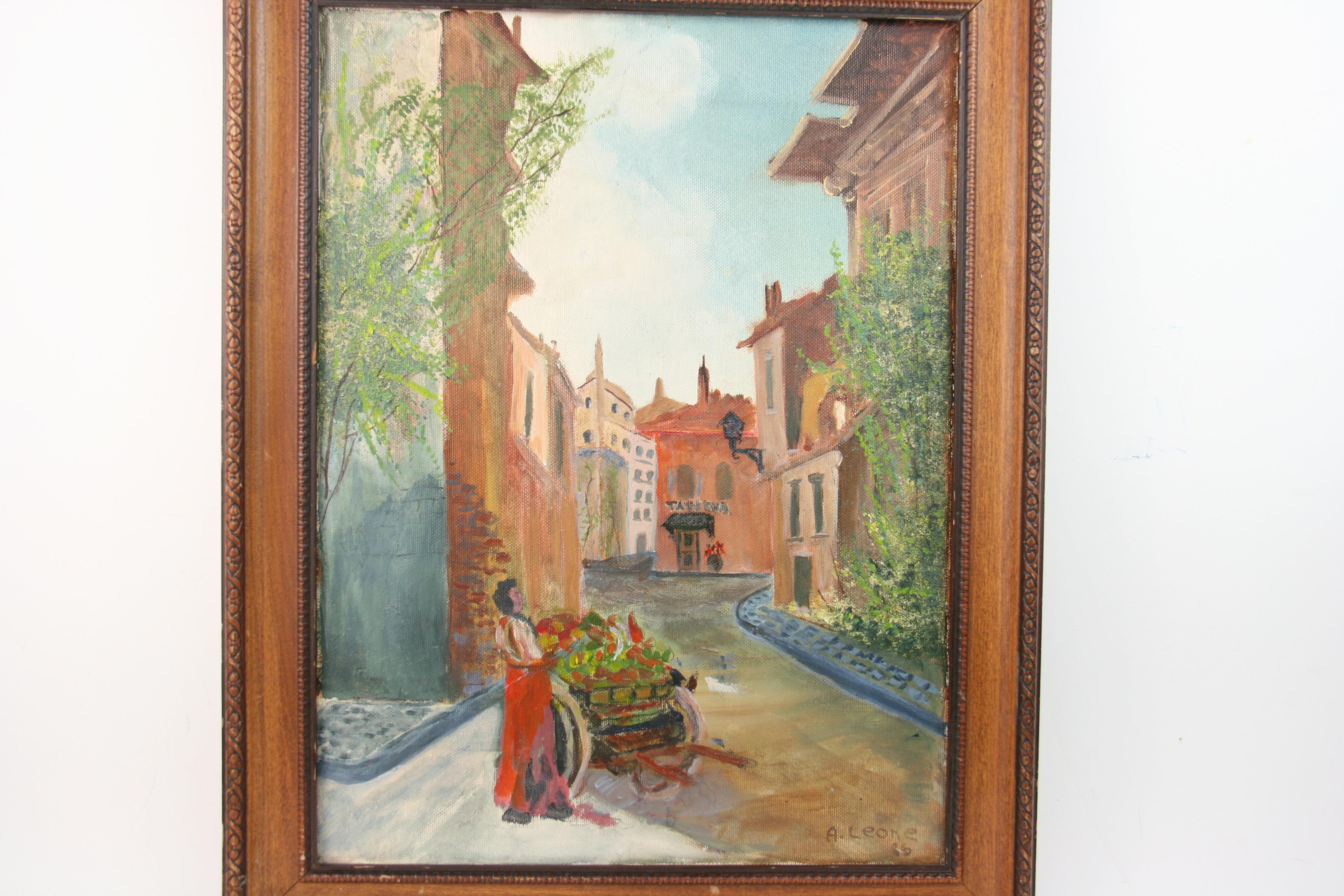 Venditori di frutta italiani Scena di strada Pittura di paesaggio - Painting di A.Leone
