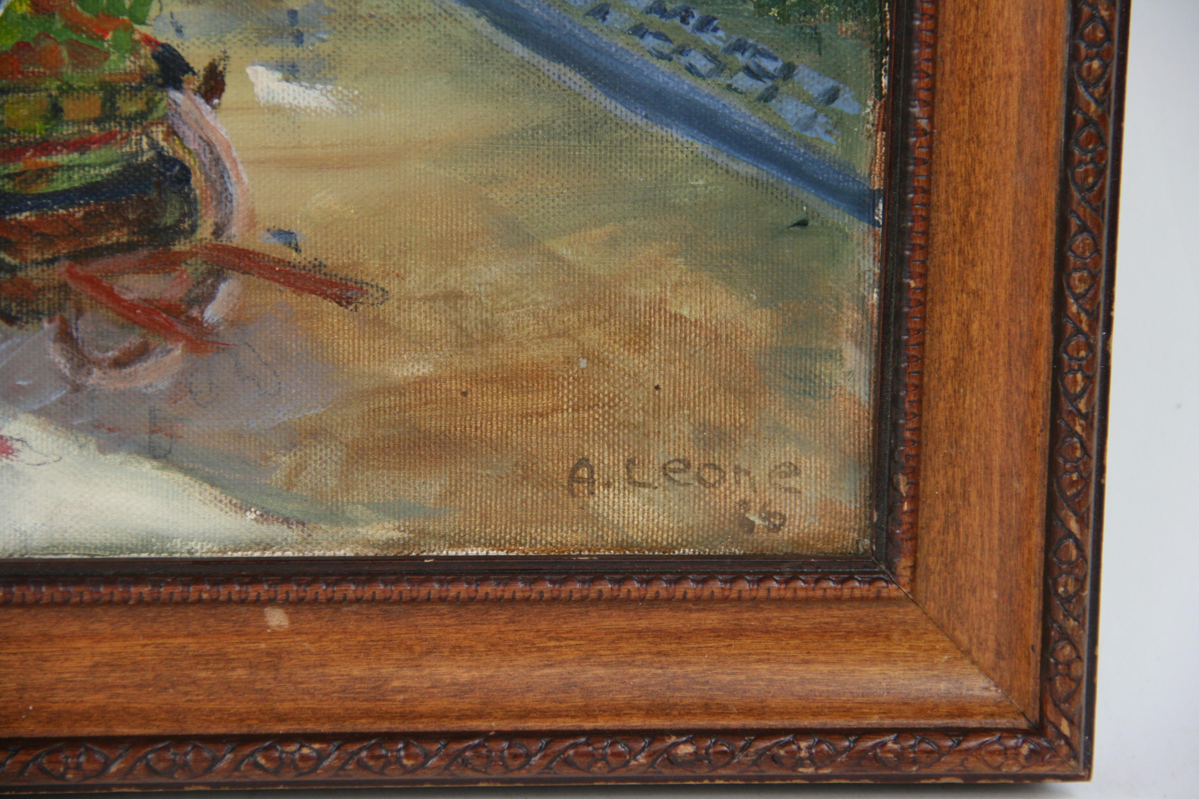 #5-3353 Quadro di scena italiana, olio su tela firmato da A.Leone 1985, esposto in una cornice di legno.Dimensioni dell'immagine 15.75 H. x 11.75