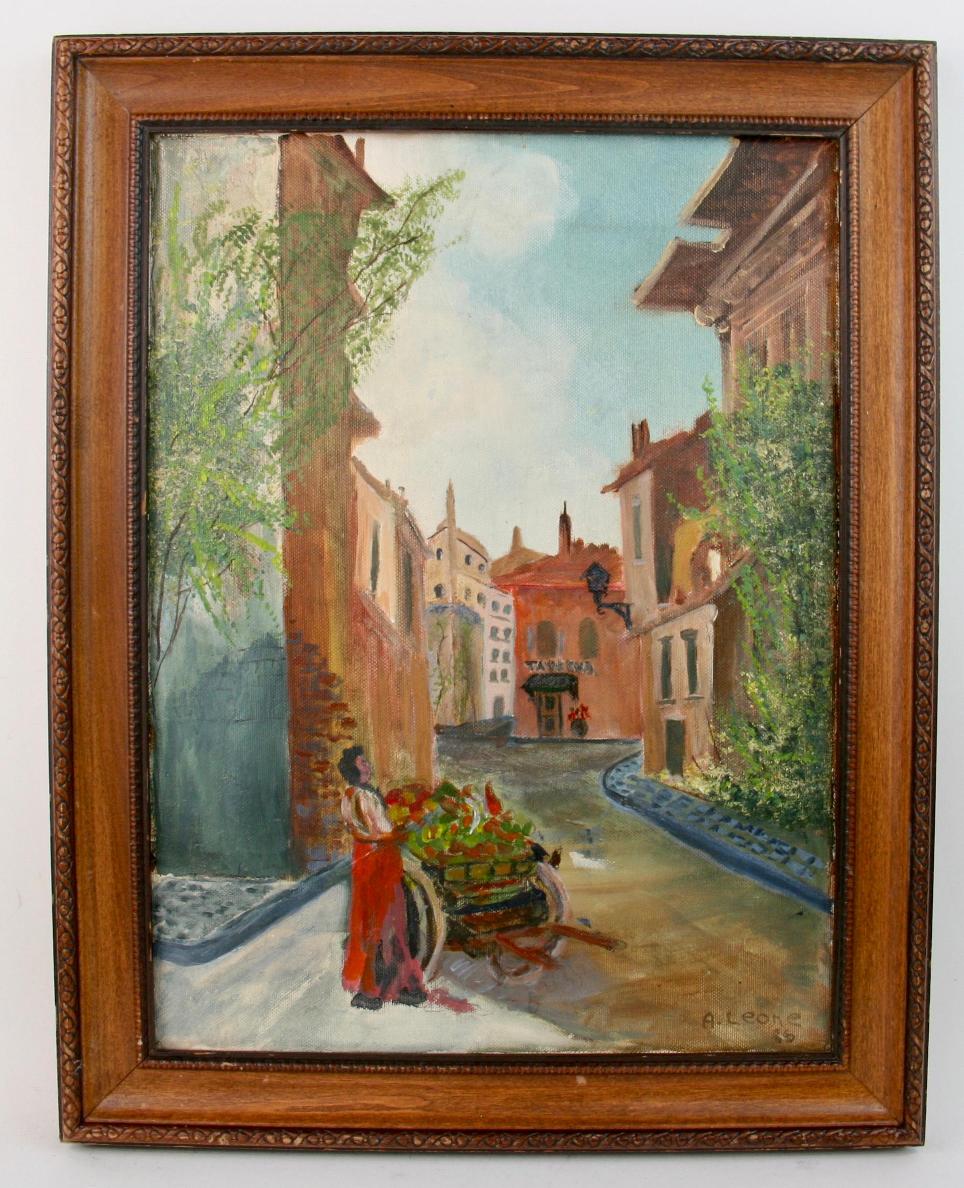 A.Leone Figurative Painting - Italian Street Scene Painting, Oil on Canvas, Signed 1985, Framed