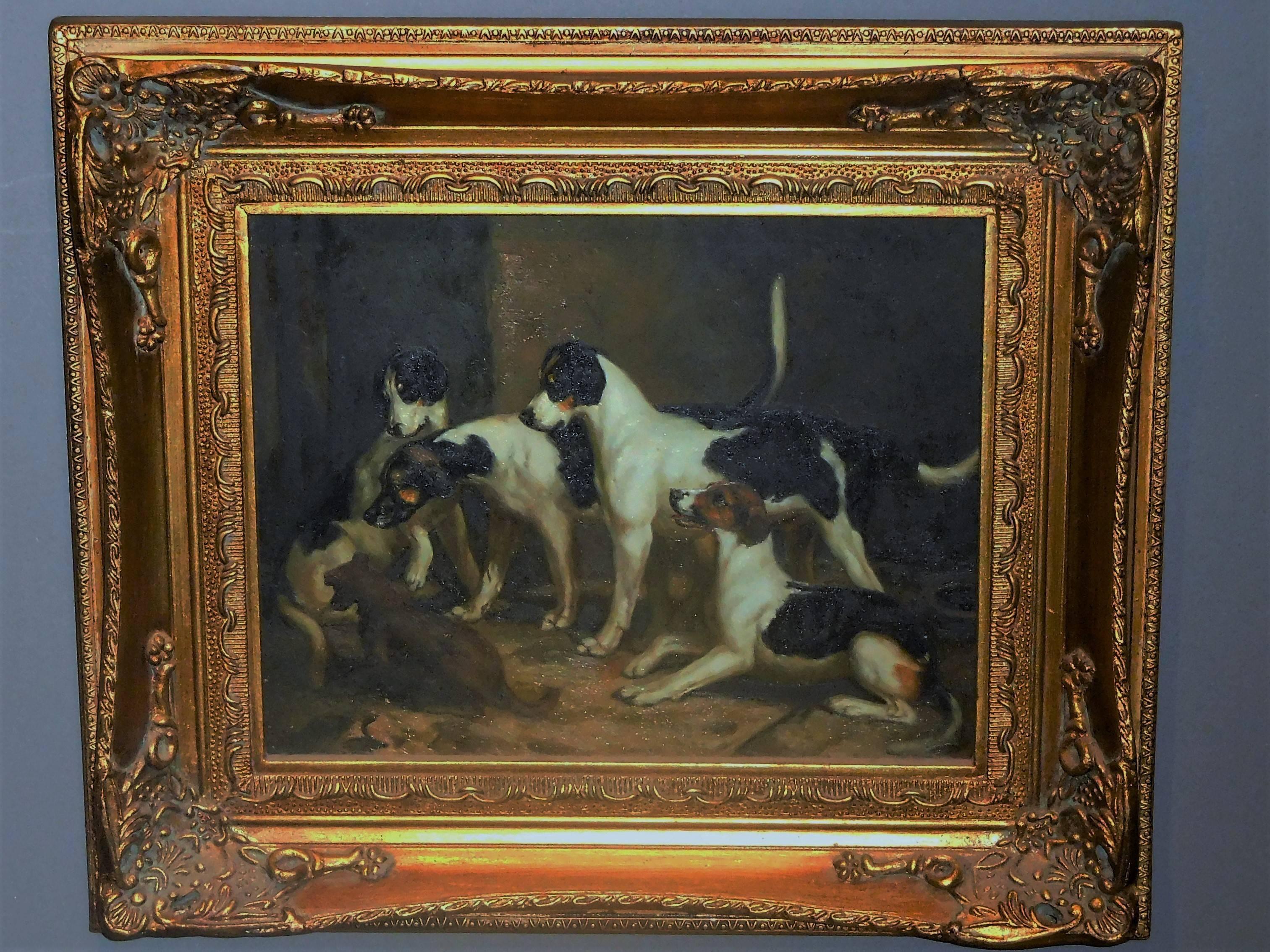Edwardian Alert Hounds, Oil Painting on Pine Panel, Late Victorian British School For Sale