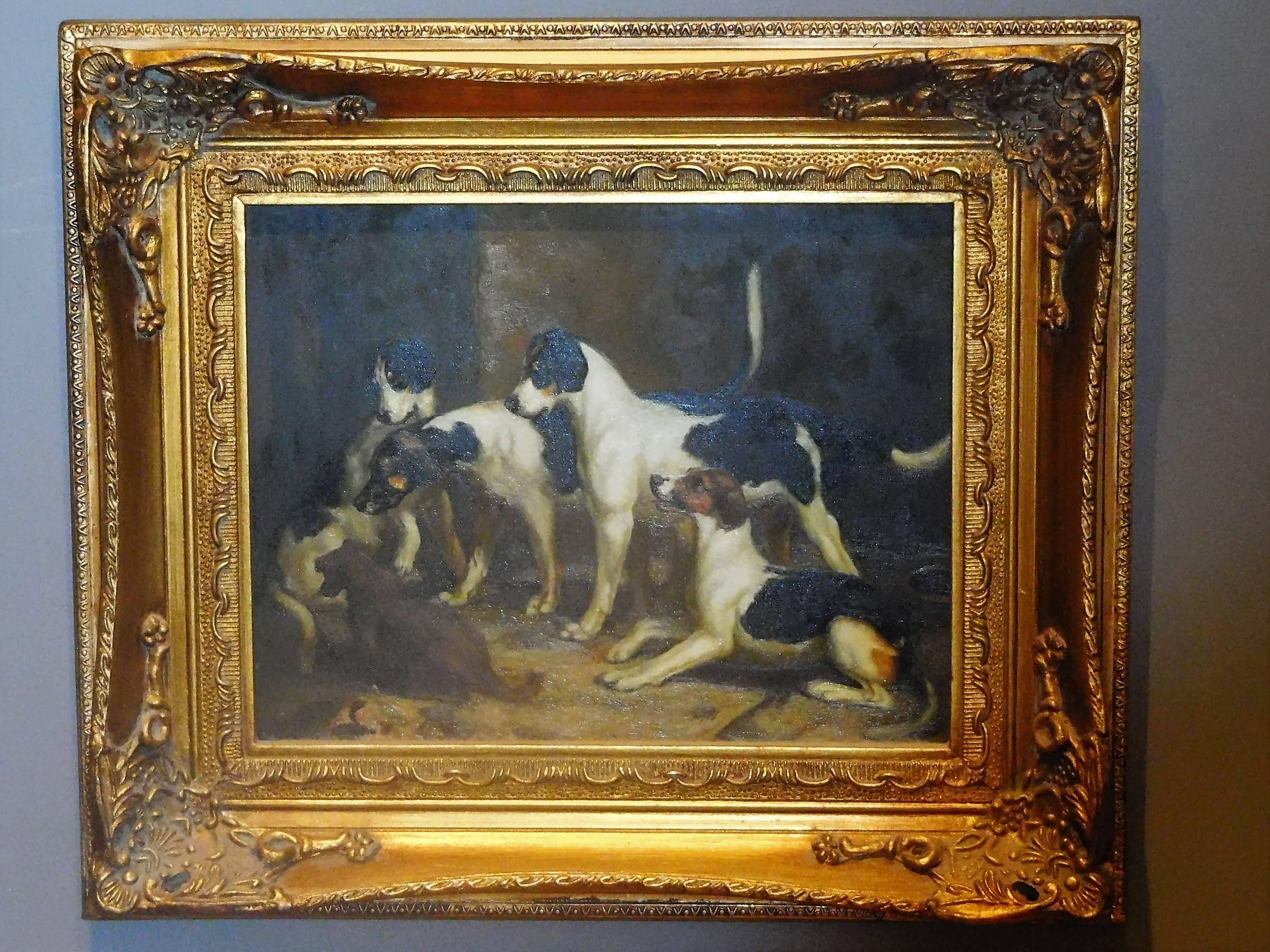 Alert Hounds, Oil Painting on Pine Panel, Late Victorian British School For Sale 3