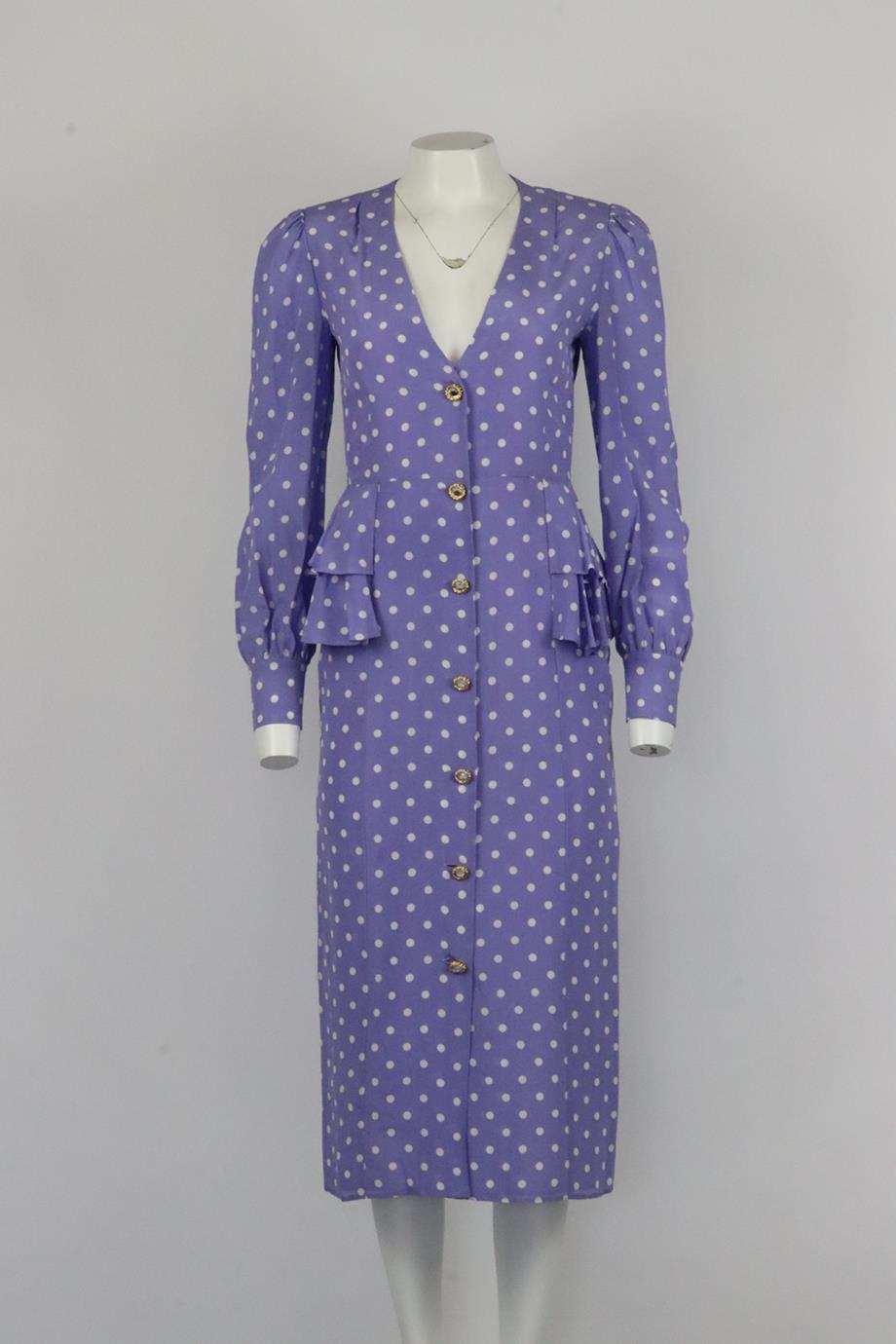 Alessandra Rich ruffled polka dot silk midi dress. Purple and white. Long sleeve, v-neck. Zip fastening at back. 100% Silk; lining: 100% polyamide. Size: IT 40 (UK 8, US 4, FR 36). Bust: 33.7 in. Waist: 26.6 in. Hips: 33.5 in. Length: 47 in. Very