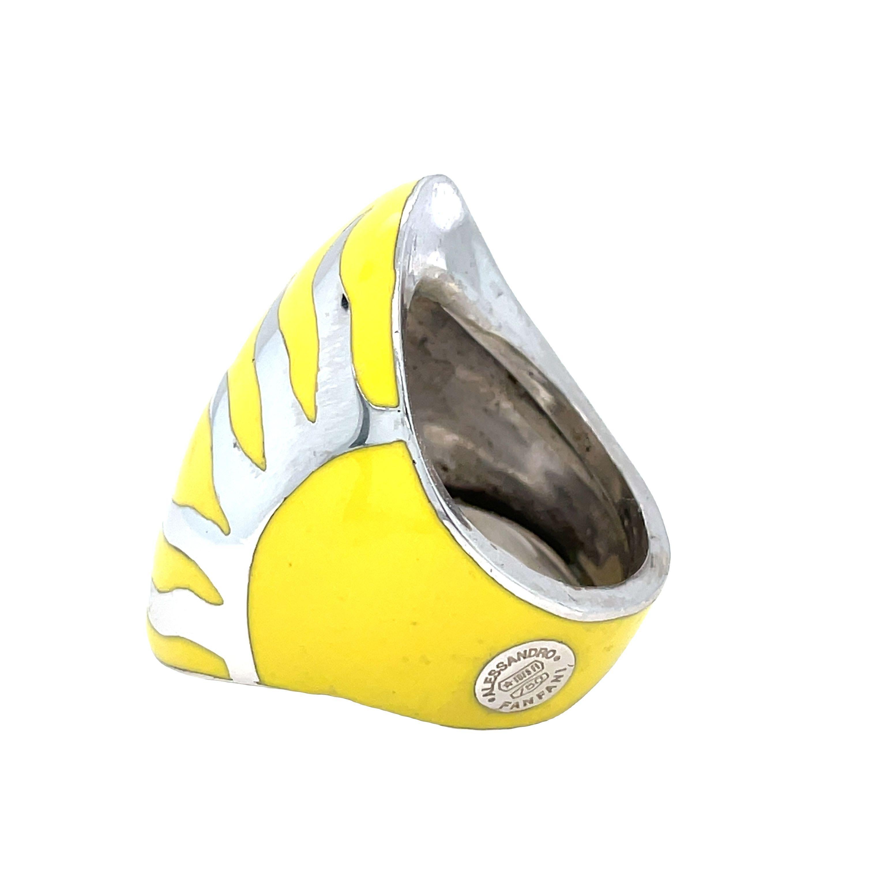 Alessadro Fanfani Yellow Enamel Ring in 18 Karat White Gold In Excellent Condition For Sale In beverly hills, CA