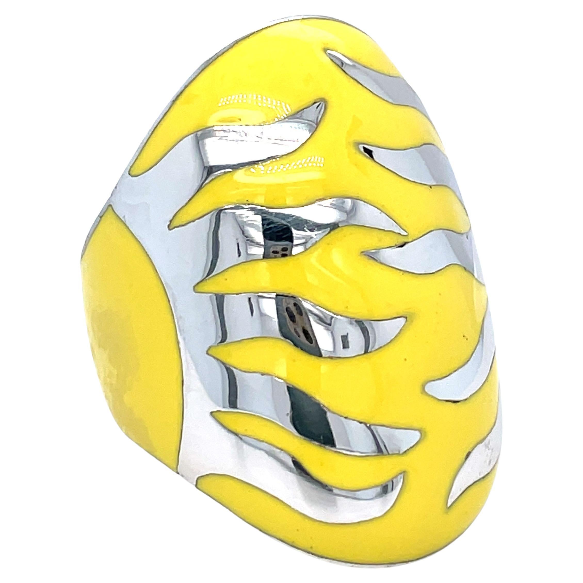 Alessadro Fanfani Yellow Enamel Ring in 18 Karat White Gold For Sale