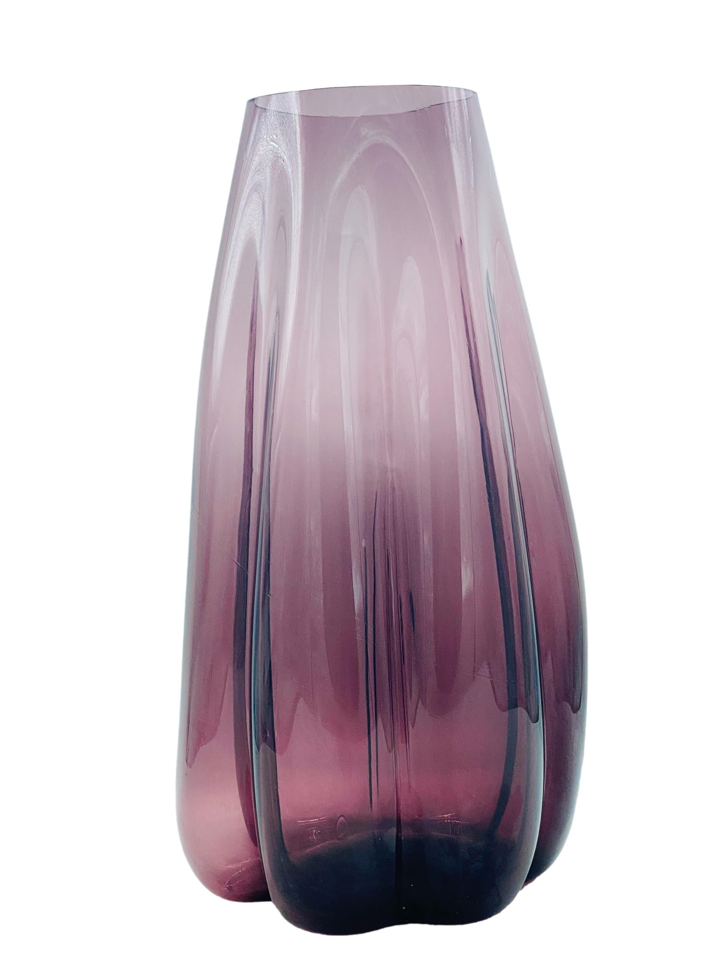 Large blown Murano glass vase in Venetian purple, the rounded shape is given by the glass using a blown technique, Italy 1970. In the style of Alessandro Mendini.
