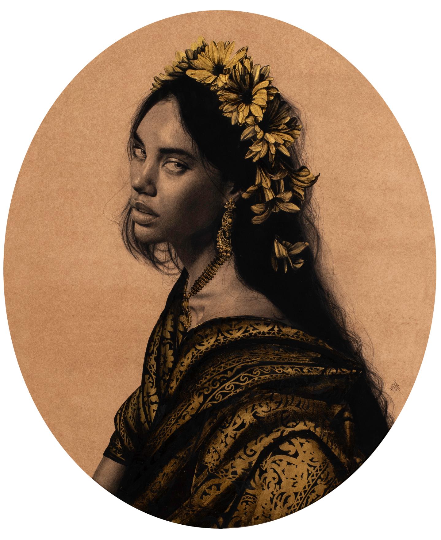 Working with a palette of graphite and gold leaf, Alessandra Maria masterfully weaves together elements of the earthly and ethereal. She is part sorceress, part alchemist, summoning present from past and transmuting myth into truth. Her subtle