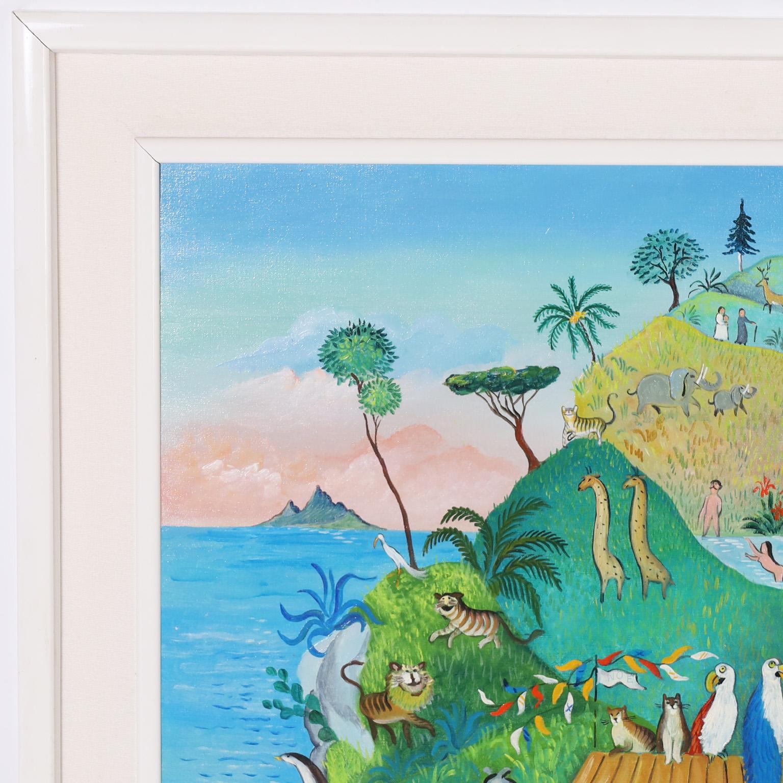 Charmante peinture acrylique vintage sur toile représentant le retour des animaux d'une arche, exécutée dans un style naïf unique avec des couleurs joyeuses. Présentée dans un cadre en laque blanche, signée Alessandra Puppo et titrée 