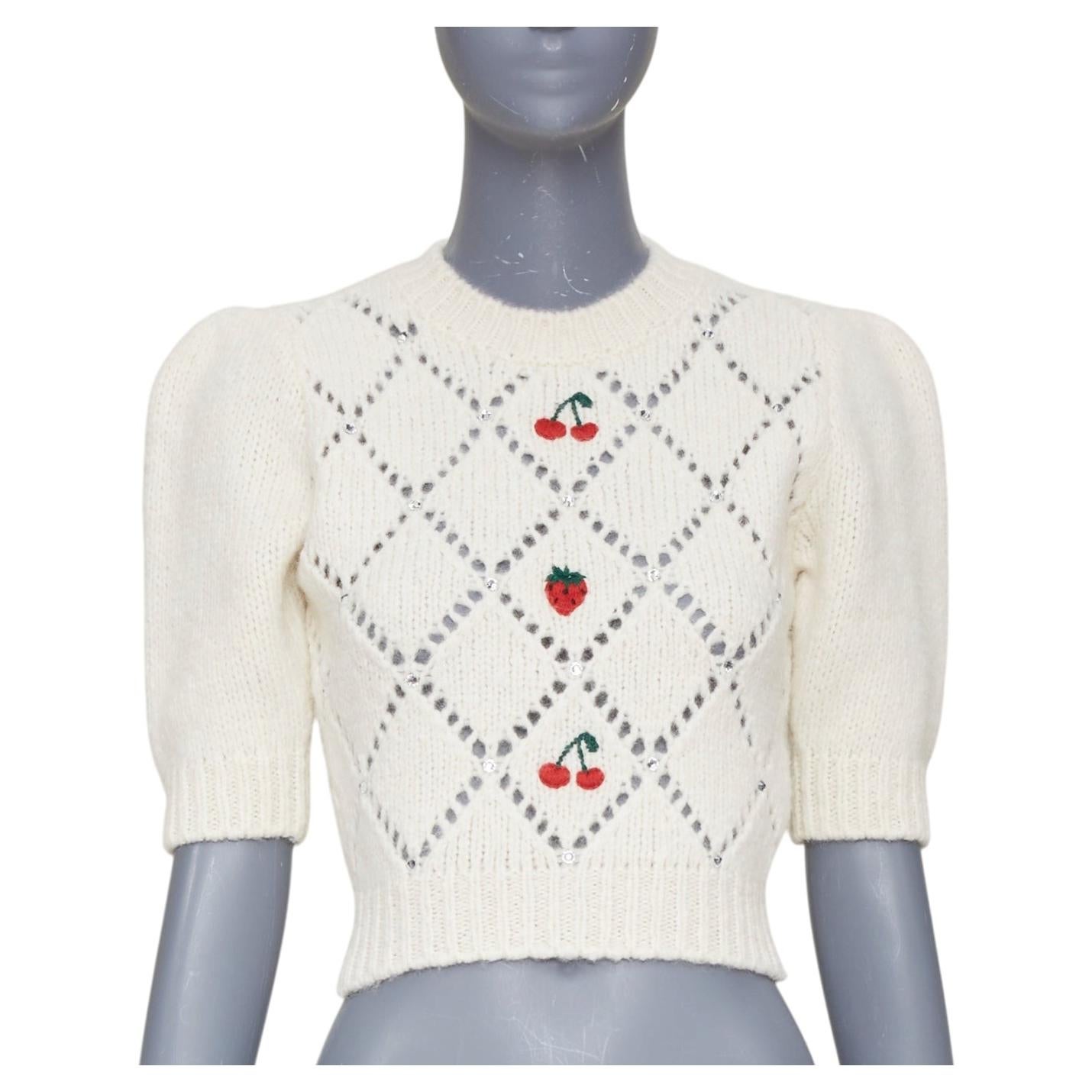 Pre-owned Alessandra Rich 2023 Fruit Embroidered Pointelle Knit Ivory Alpaca Top It36 Xs In White