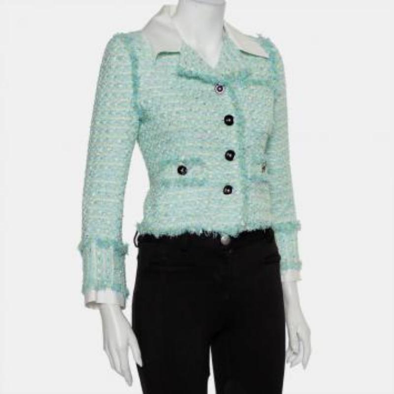 Alessandra Rich Aqua Green Tweed Button Front Cropped Jacket S For Sale 6
