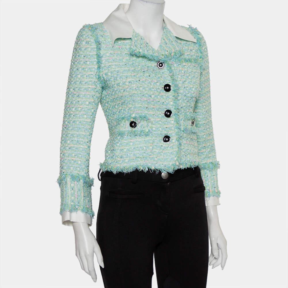 Alessandra Rich Aqua Green Tweed Button Front Cropped Jacket S In Excellent Condition For Sale In Dubai, Al Qouz 2