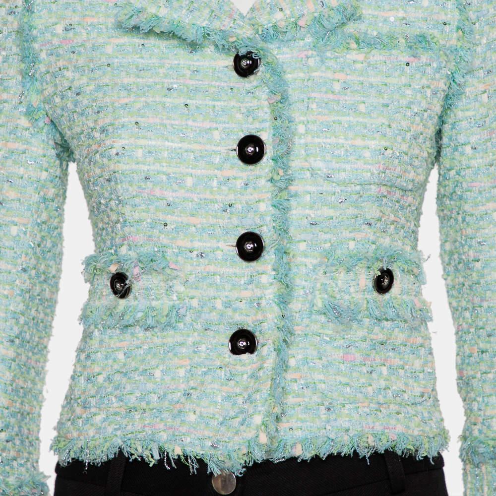 Alessandra Rich Aqua Green Tweed Button Front Cropped Jacket S For Sale 2