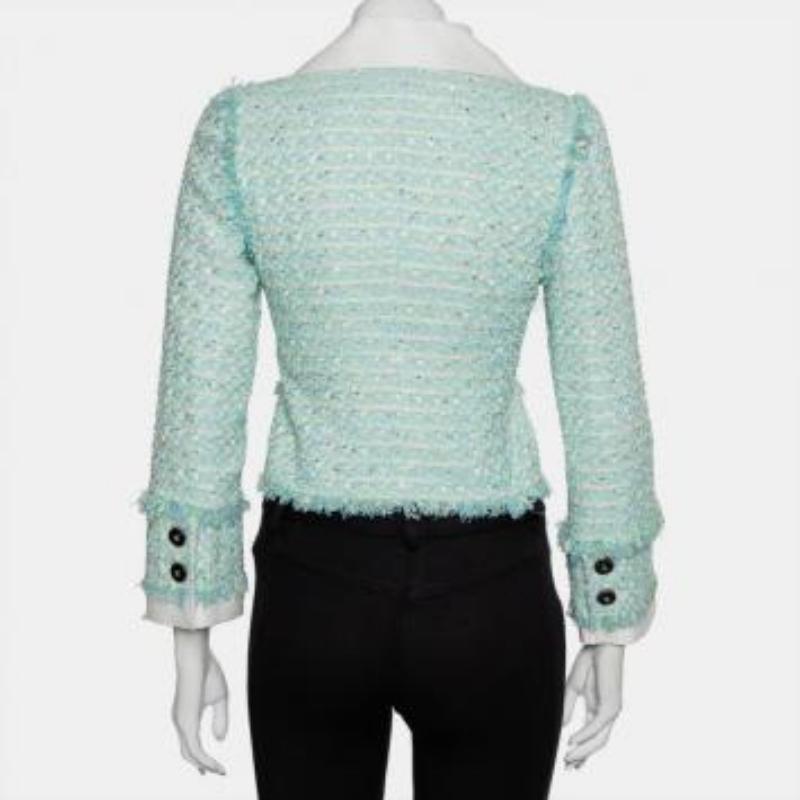 Alessandra Rich Aqua Green Tweed Button Front Cropped Jacket S For Sale 3