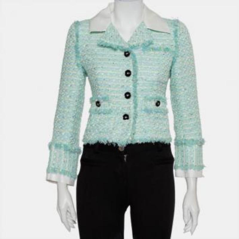 Alessandra Rich Aqua Green Tweed Button Front Cropped Jacket S For Sale 4