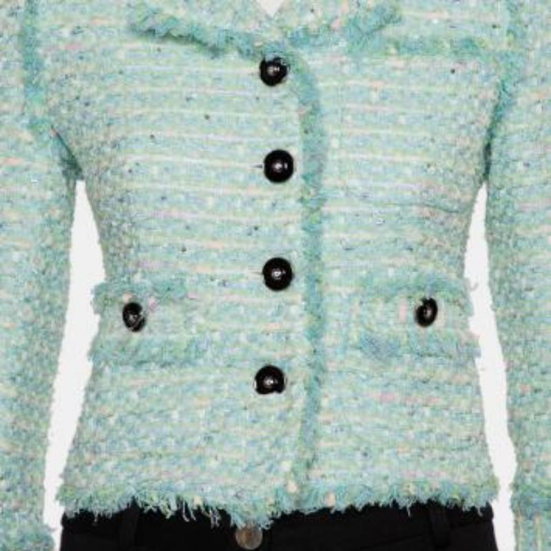 Alessandra Rich Aqua Green Tweed Button Front Cropped Jacket S For Sale 5