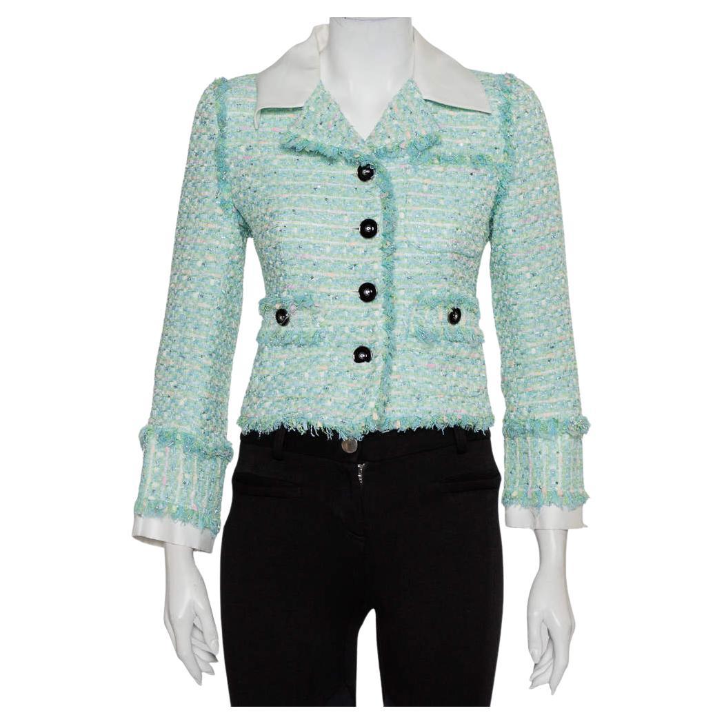 Alessandra Rich Aqua Green Tweed Button Front Cropped Jacket S For Sale