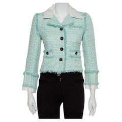 Alessandra Rich Aqua Green Tweed Button Front Cropped Jacket S