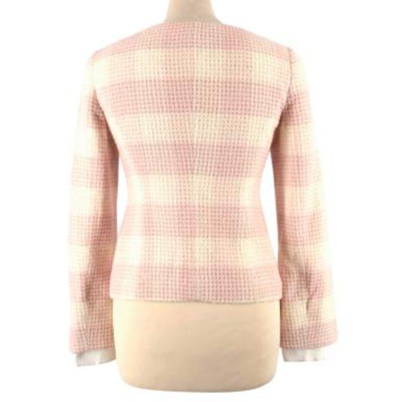 Alessandra Rich Baby Pink and White Wool Cropped Jacket
 

 - Light weight, woven body
 - Pink and white check 
 - Gold tone metallic thread detail 
 - Silver tone rounded button stand and pocket details 
 - Rounded neckline 
 - Two functional