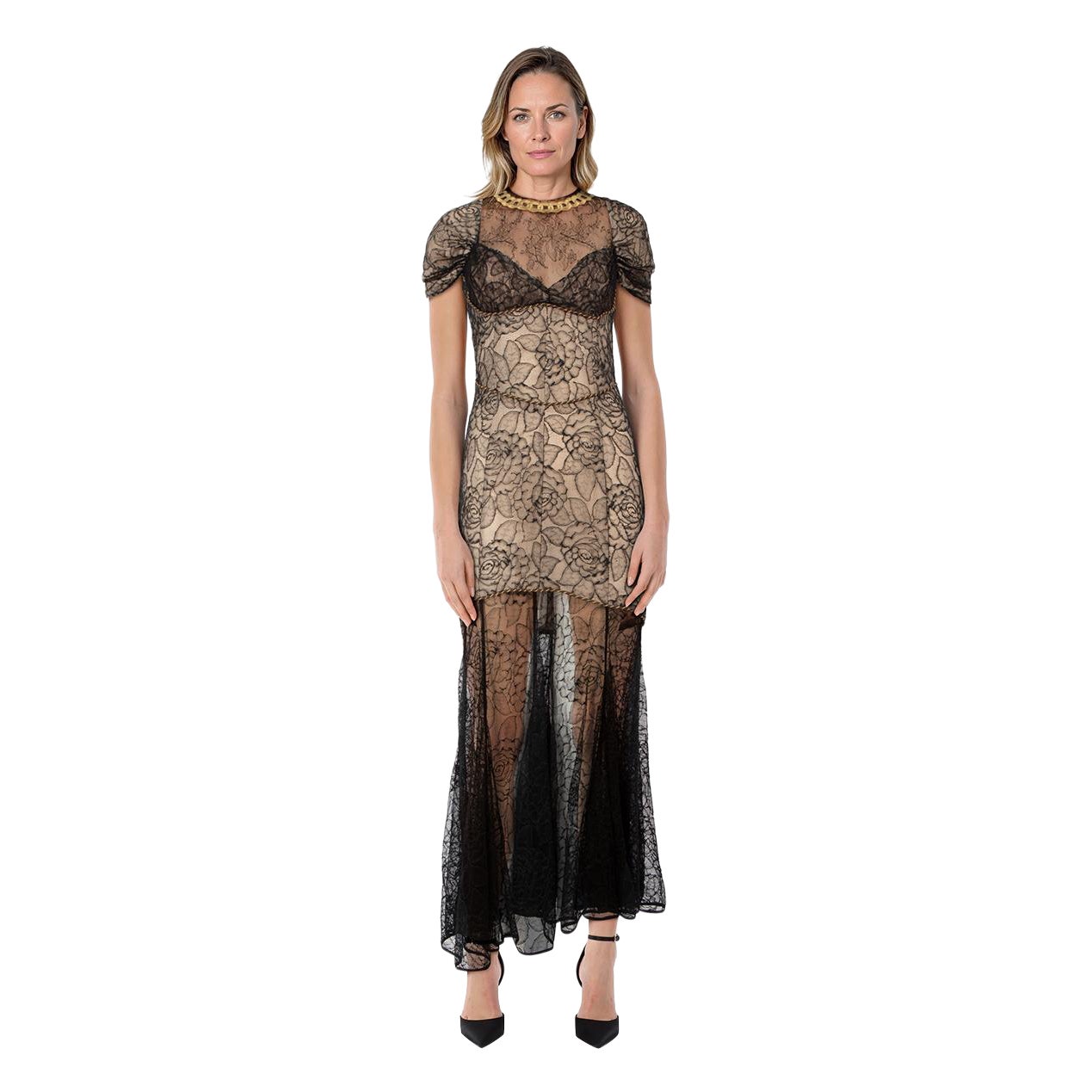 Alessandra Rich Black 
Beige Lace Sheer Dress Size S