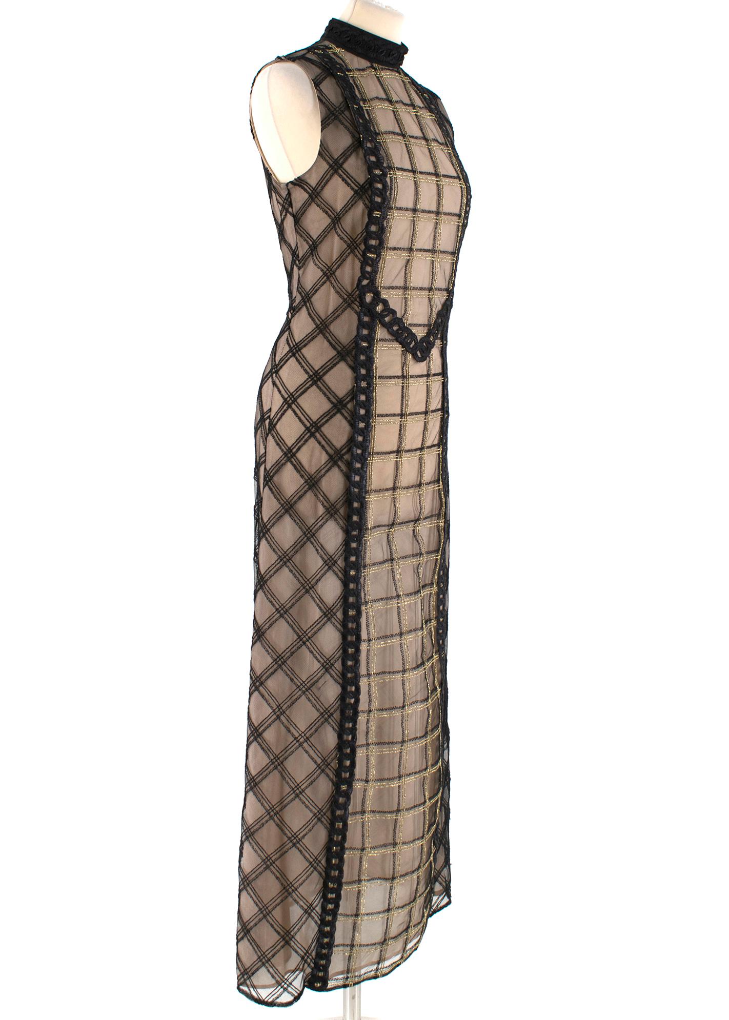 Alessandra Rich black sleeveless dress with gold and black macrame chain with checked pattern and features a high round neck along with a black zipper

âPlease note, these items are pre-owned and may show signs of being stored even when unworn and