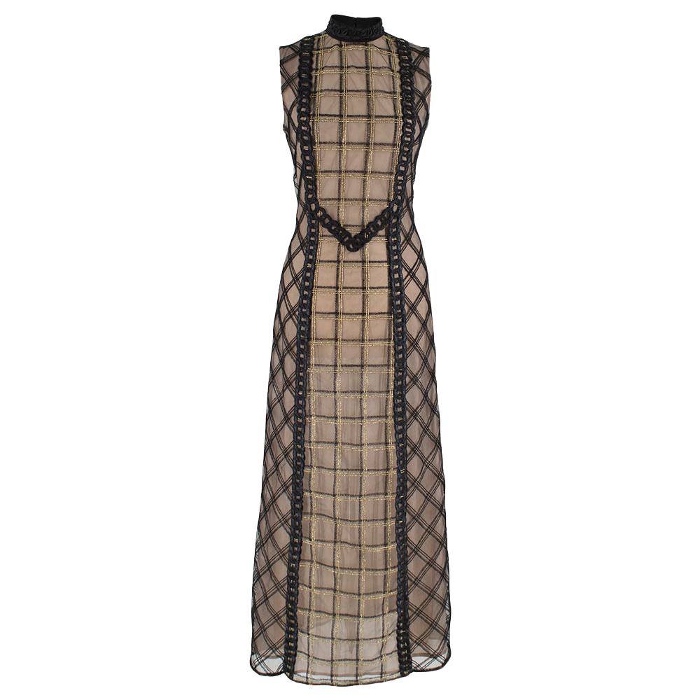 Alessandra Rich Black Check Lace Dress With Black Macrame Chains S