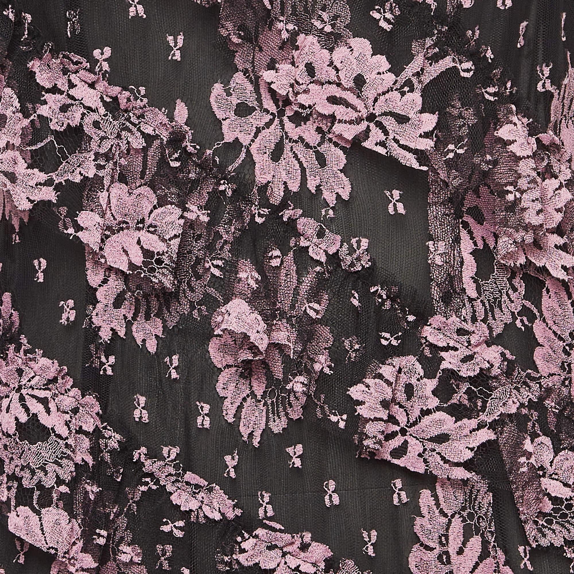 Noir Alessandra Rich - Robe midi à volants en dentelle florale noire, taille M en vente