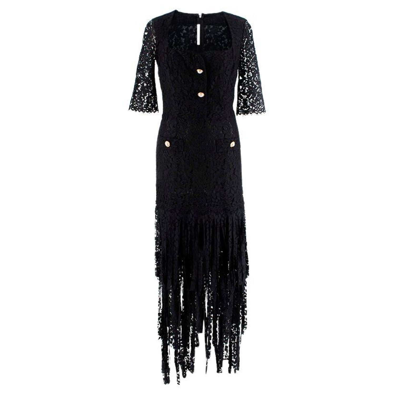 Alessandra Rich Black Lace Fringed Hem Occasion Dress For Sale at 1stDibs