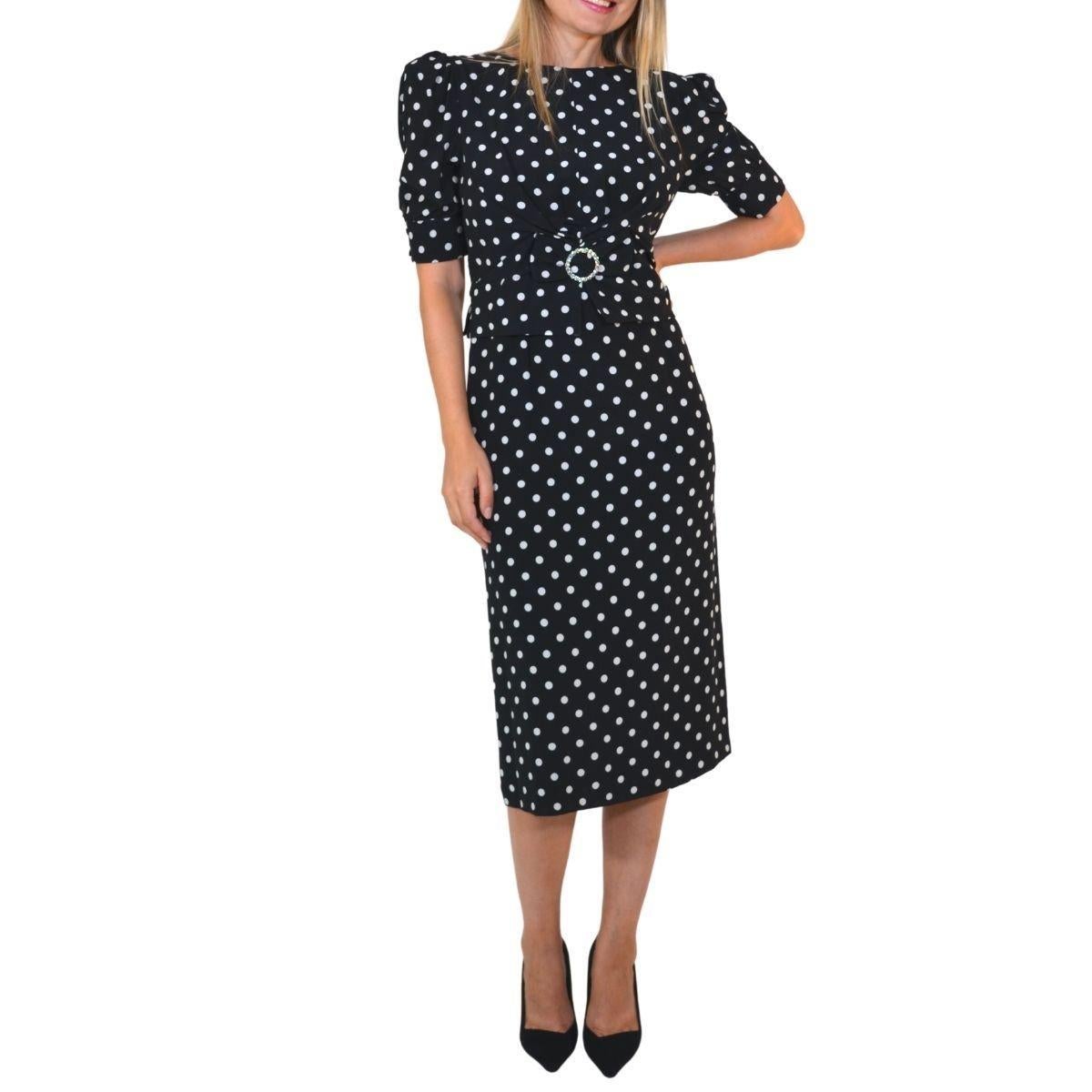 Women's Alessandra Rich Black Polka Dot Fitted Silk Dress IT46 US10 For Sale