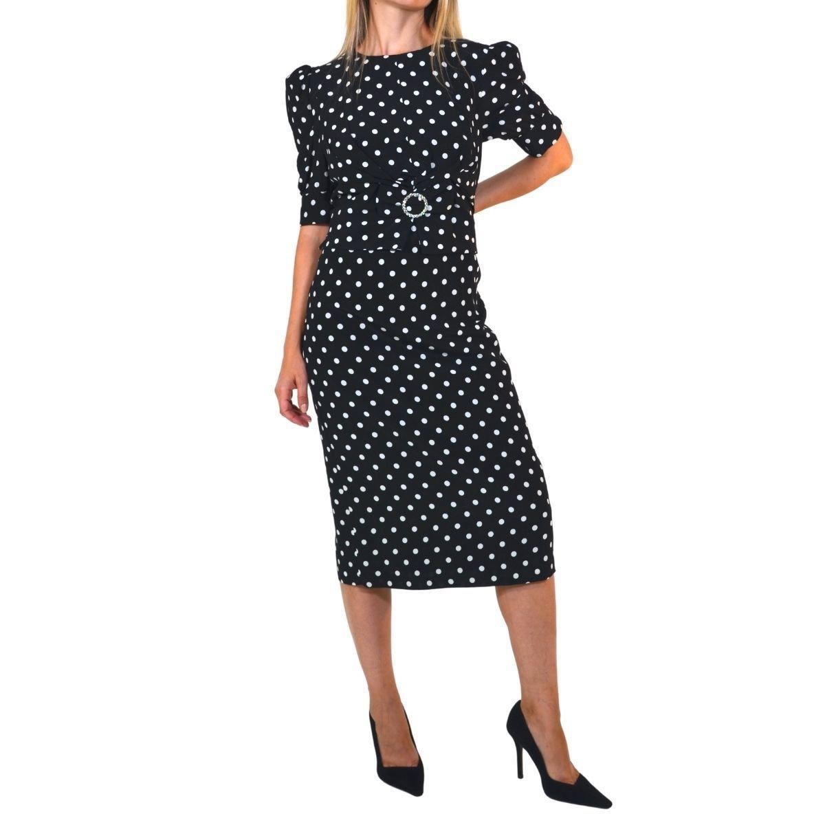 Women's Alessandra Rich Black Polka Dot Fitted Silk Dress IT46 US10 For Sale