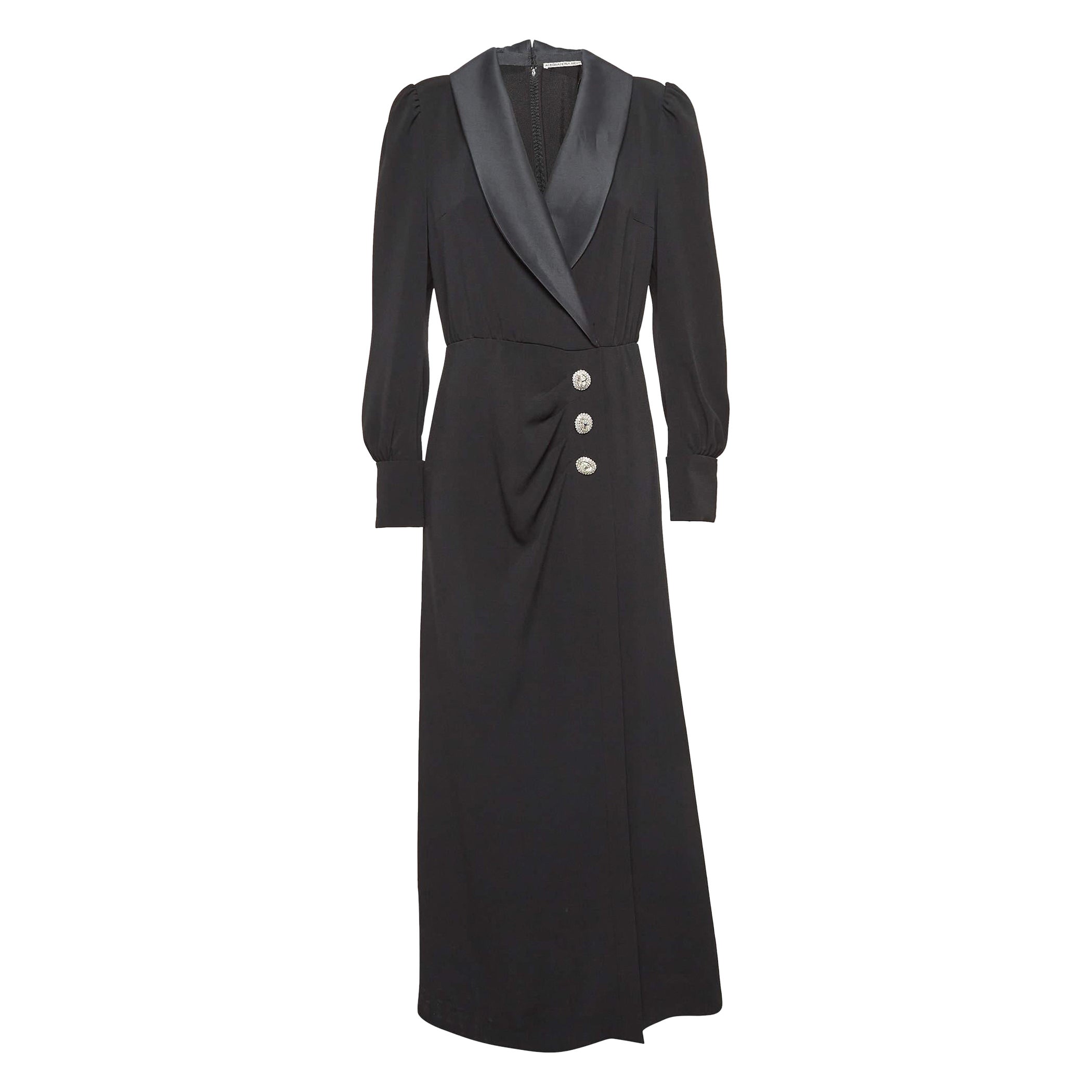 Alessandra Rich Schwarzer Satinbesatz Krepp Hollywood Kristall Detail Maxikleid M