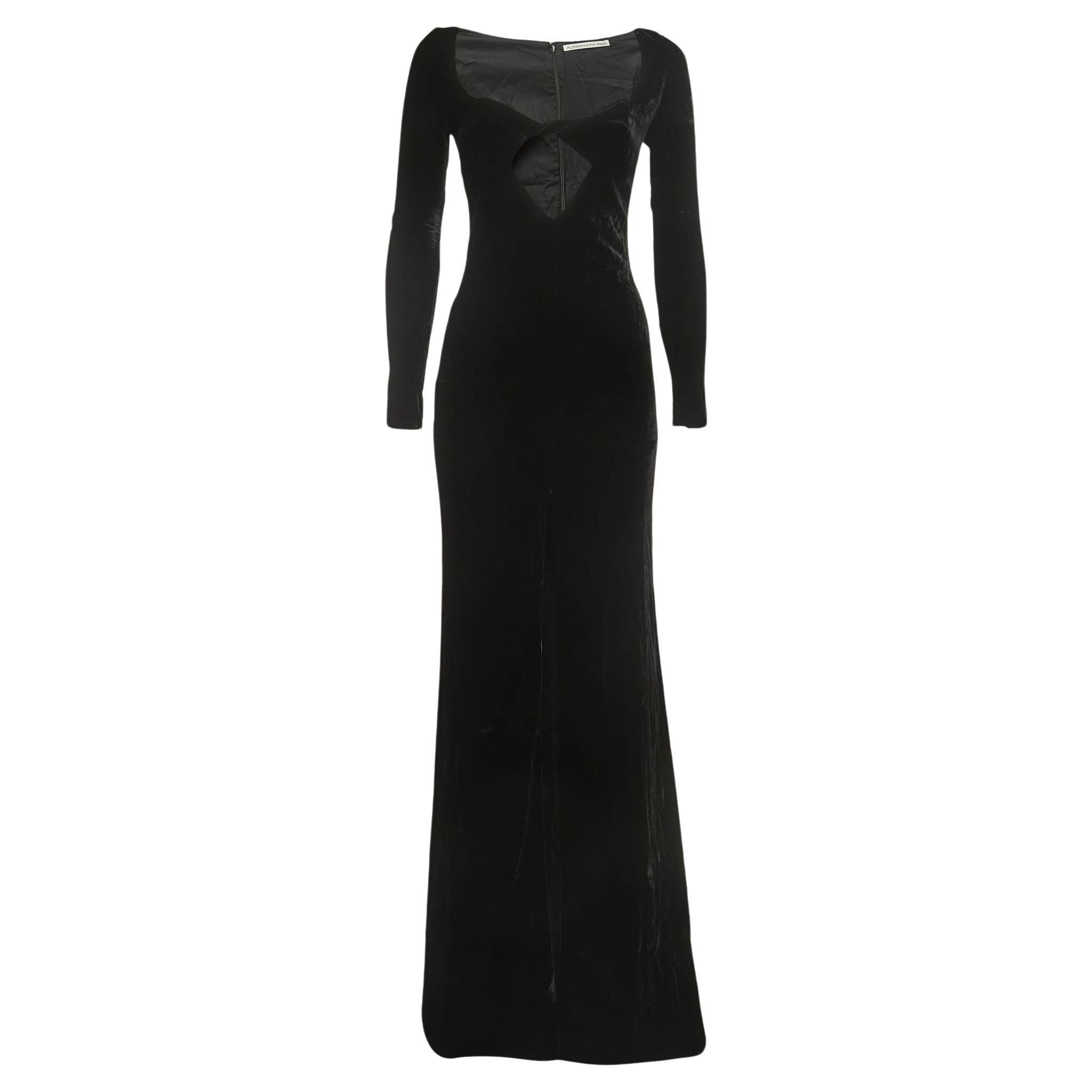 Alessandra Rich Black Velvet Cut-Out Long Sleeve Slit Gown S For Sale