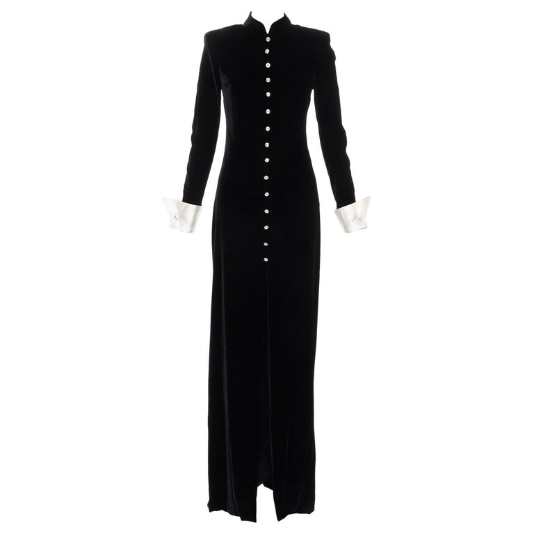 ALESSANDRA RICH black viscose silk velvet crystal buttons split gown IT40 S  at 1stDibs