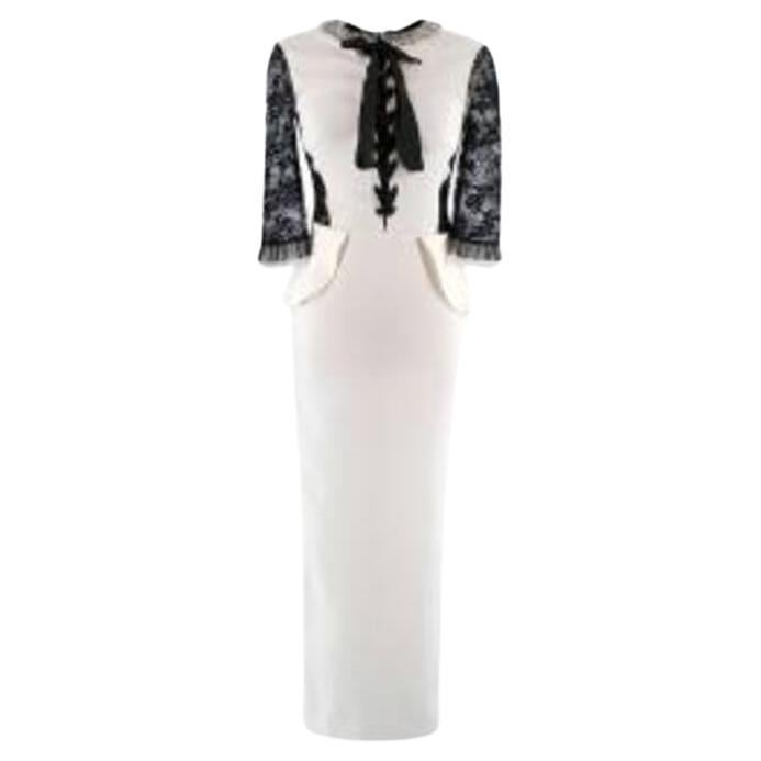 Alessandra Rich Black & White Lace Panelled Tie Neck Midi Dress For Sale