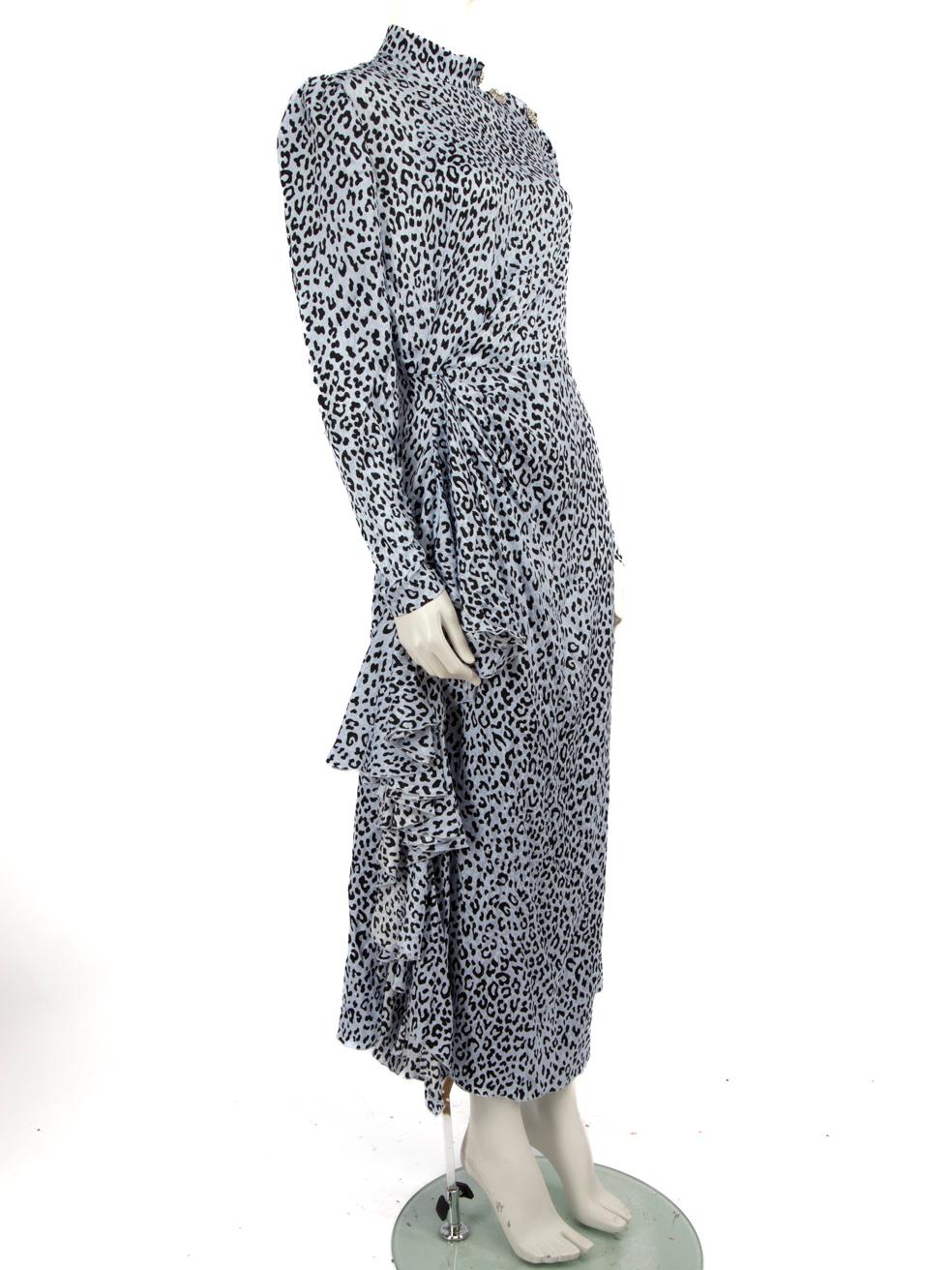 CONDITION is Very good. Hardly any visible wear to the dress is evident on this used Alessandra Rich designer resale item.
 
 Details
 
 
 Blue
 
 Silk
 
 Maxi
 
 Long sleeves
 
 Leopard print
 
 Crystal embellished buttons
 
 Gathered waist
 
