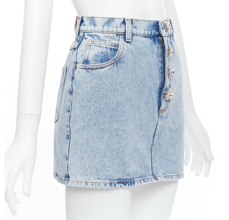 Blue ALESSANDRA RICH blue washed denim clear crystal embellished mini skirt 26‚Äù For Sale