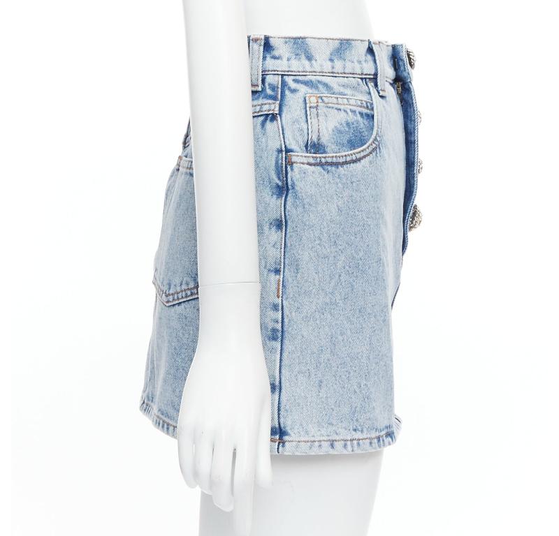 ALESSANDRA RICH blue washed denim clear crystal embellished mini skirt 26‚Äù In Good Condition For Sale In Hong Kong, NT