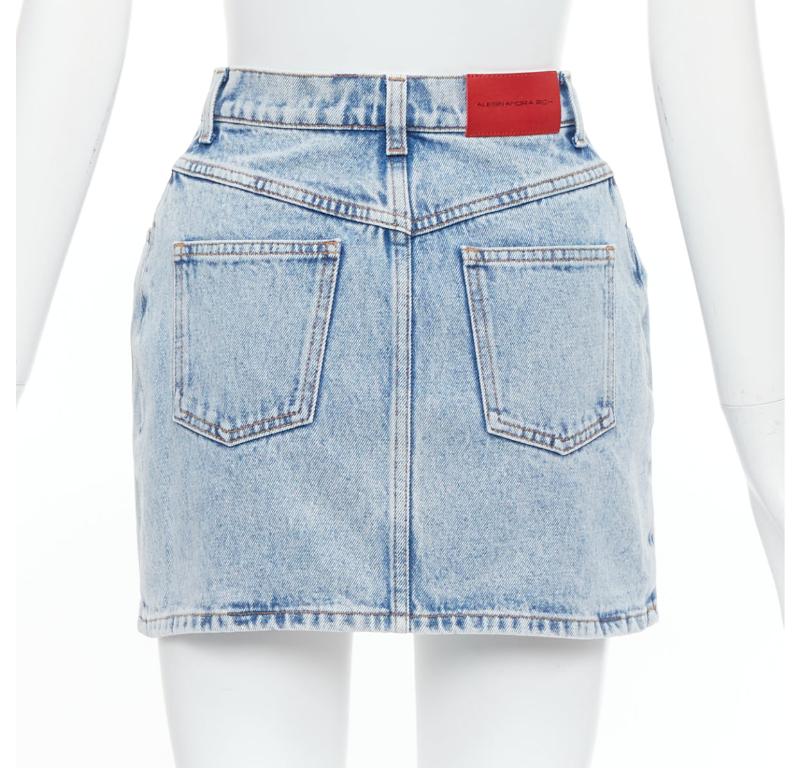 Women's ALESSANDRA RICH blue washed denim clear crystal embellished mini skirt 26‚Äù For Sale