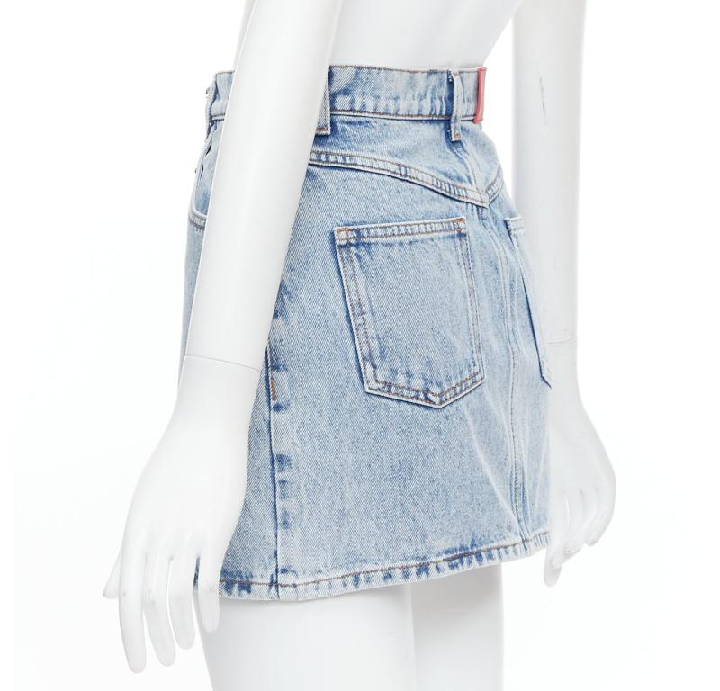 ALESSANDRA RICH blue washed denim clear crystal embellished mini skirt 26‚Äù For Sale 1